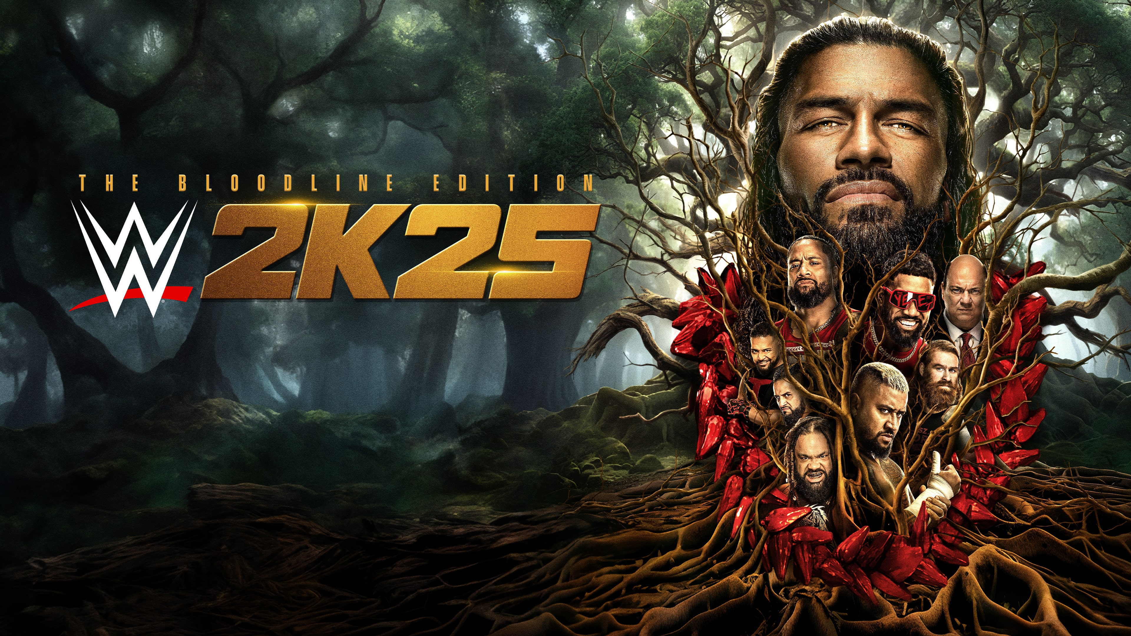 Roman Reigns from WWE featured in a cinematic visual for the WWE 2K25 video game.