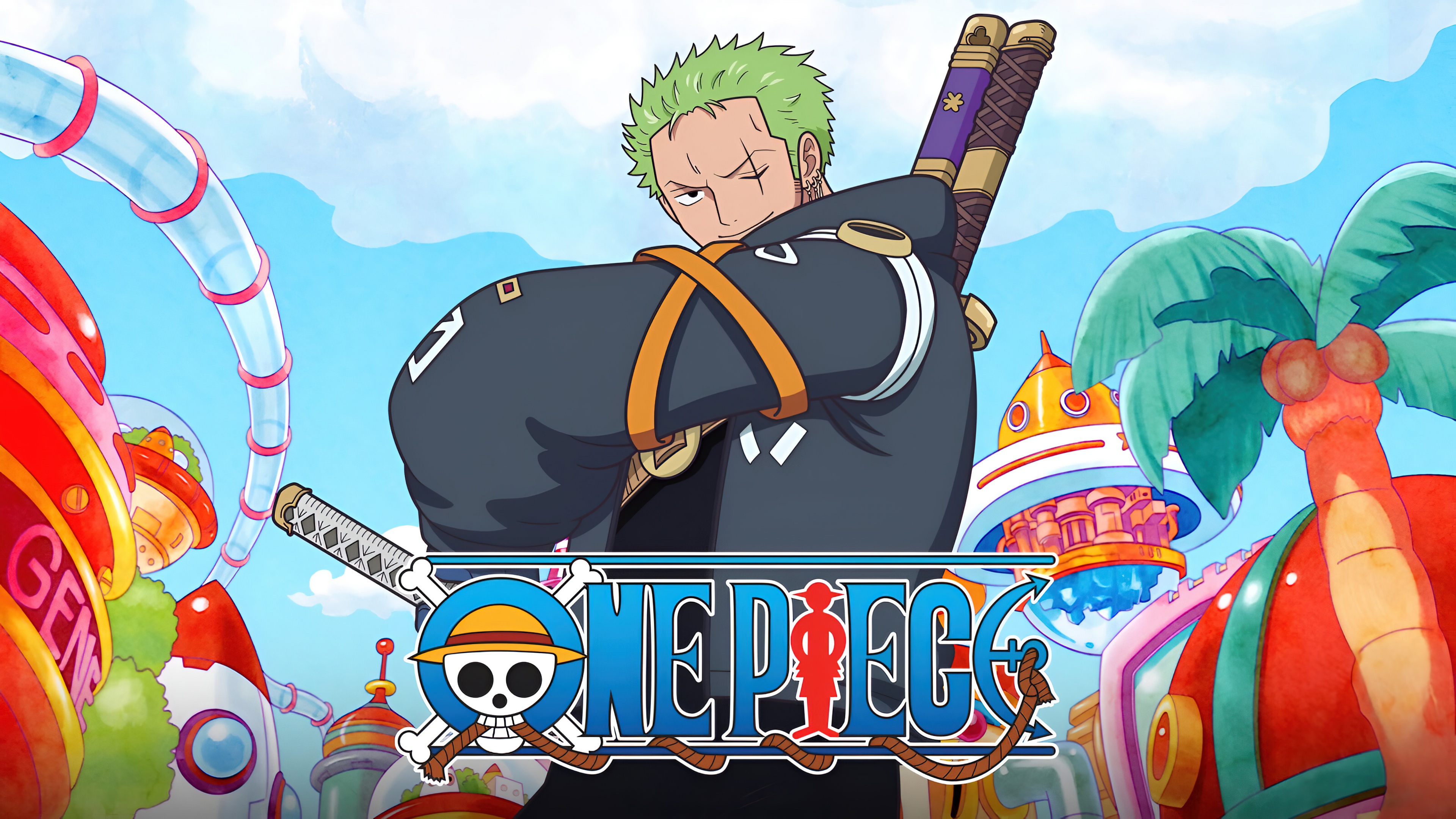 A cinematic and high-resolution portrait of Roronoa Zoro, the iconic swordsman from the anime One Piece.