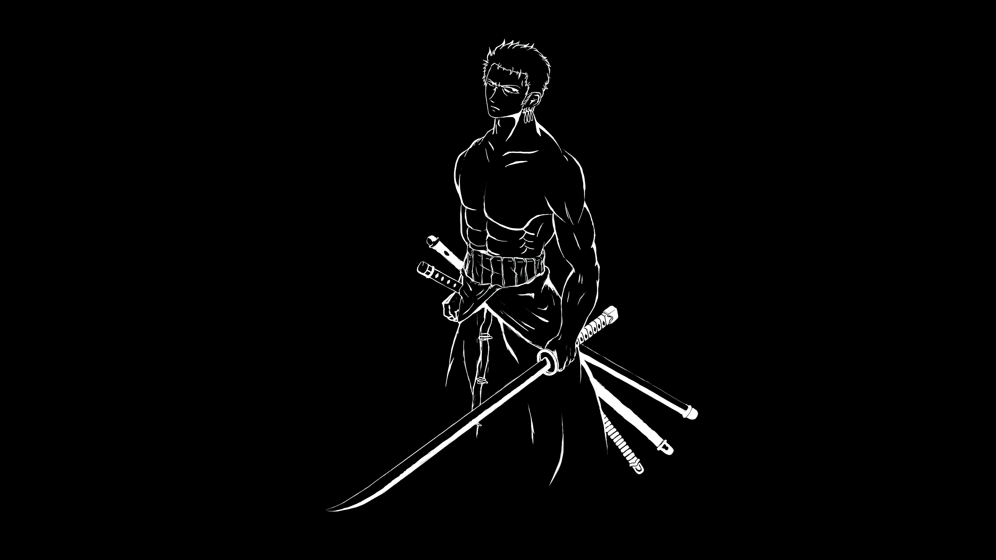 Minimalist black background portrait of Roronoa Zoro from One Piece