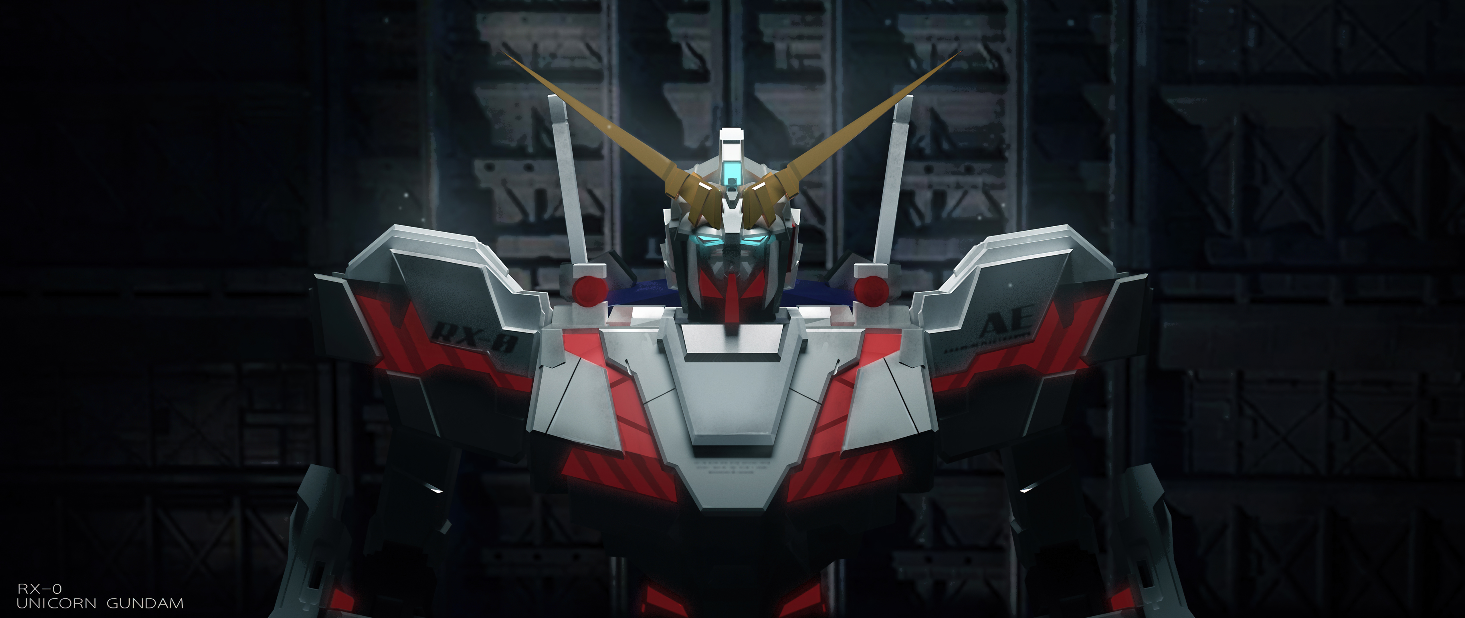 A detailed, wide-angle cinematic view of the RX-78-2 Gundam mecha from Mobile Suit Gundam.