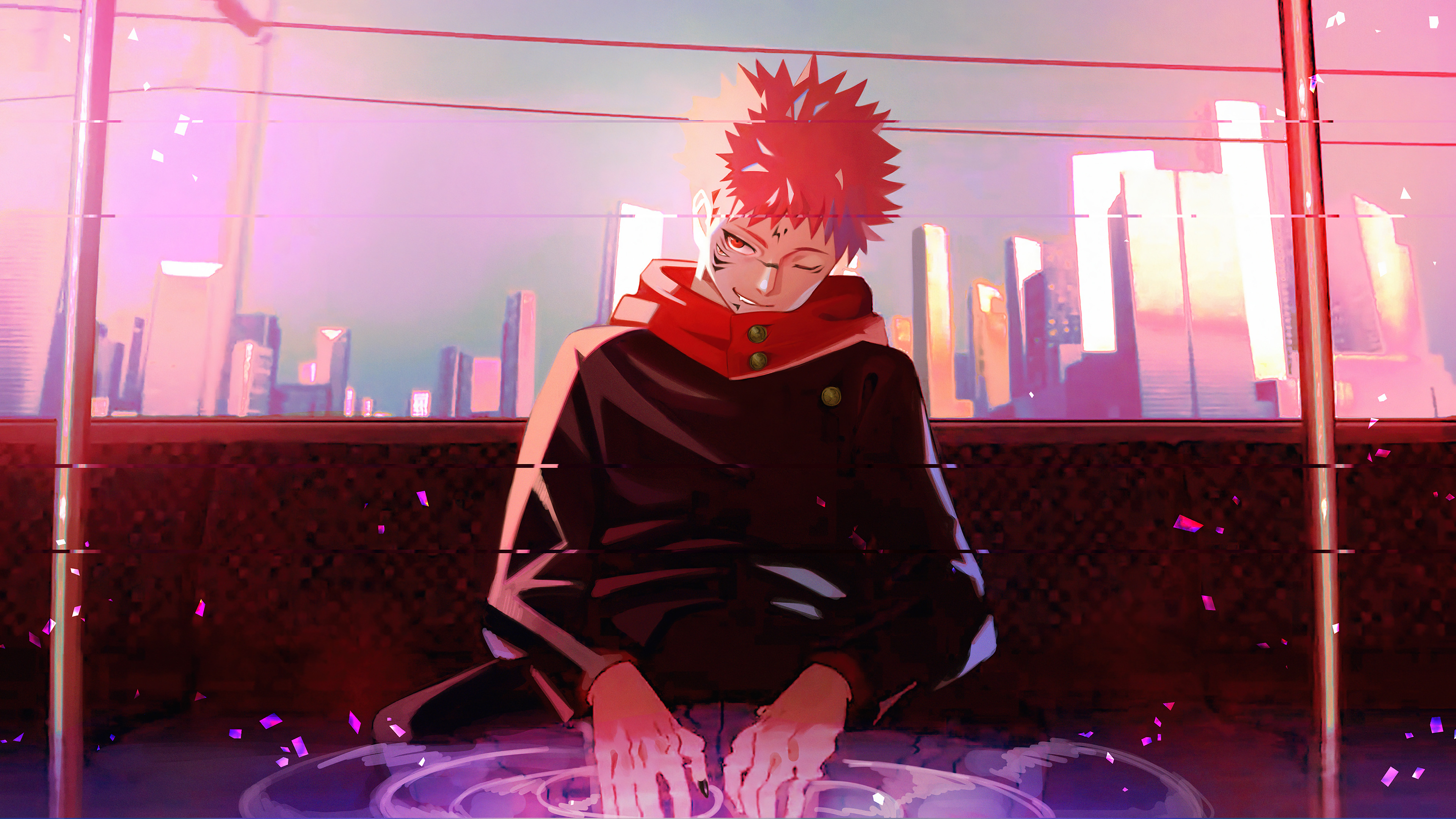 A cinematic depiction of Sukuna and Yuji Itadori from Jujutsu Kaisen featuring iconic cursed markings.
