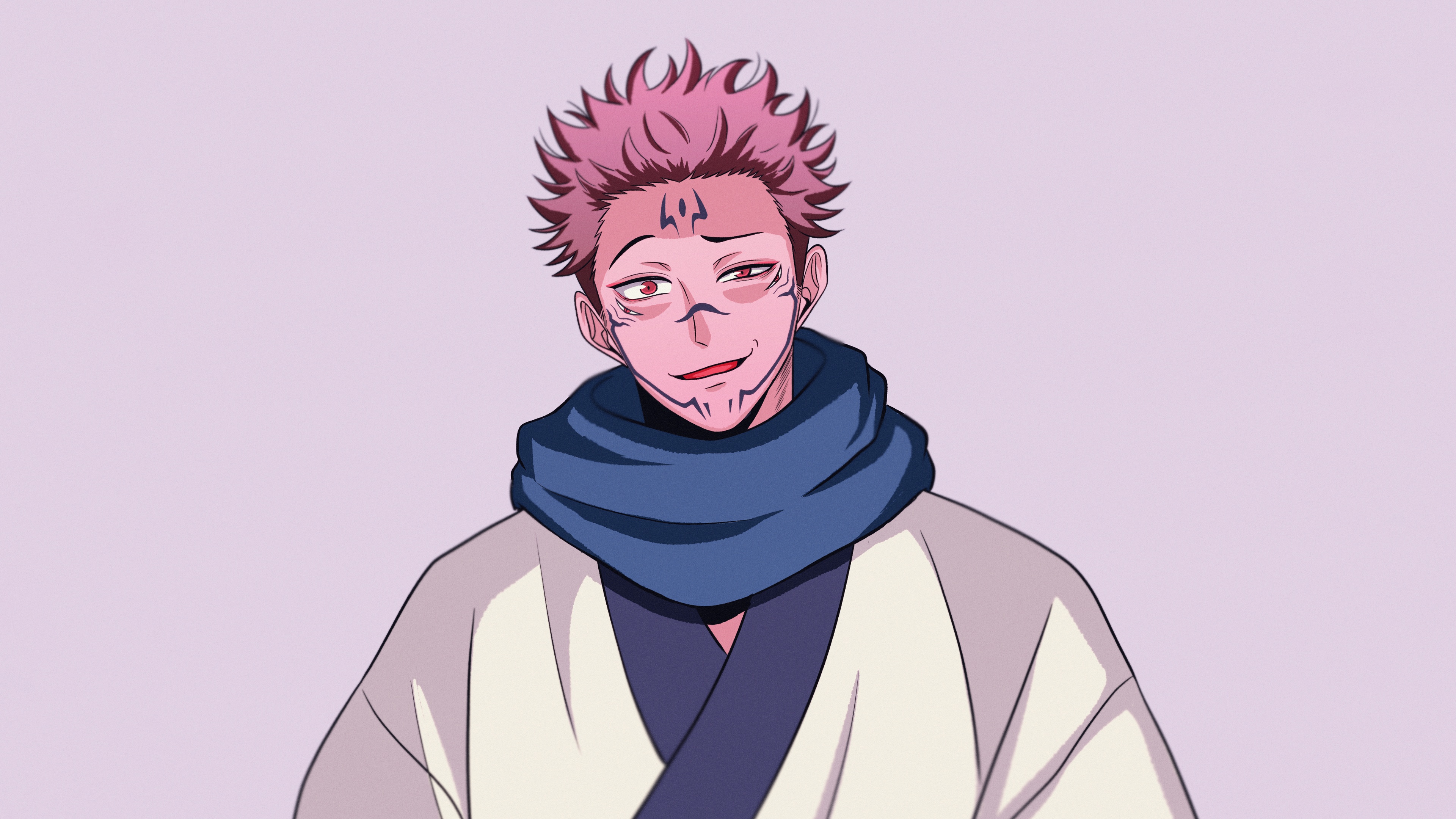 Ryomen Sukuna from Jujutsu Kaisen standing against a soft lavender and pastel background.