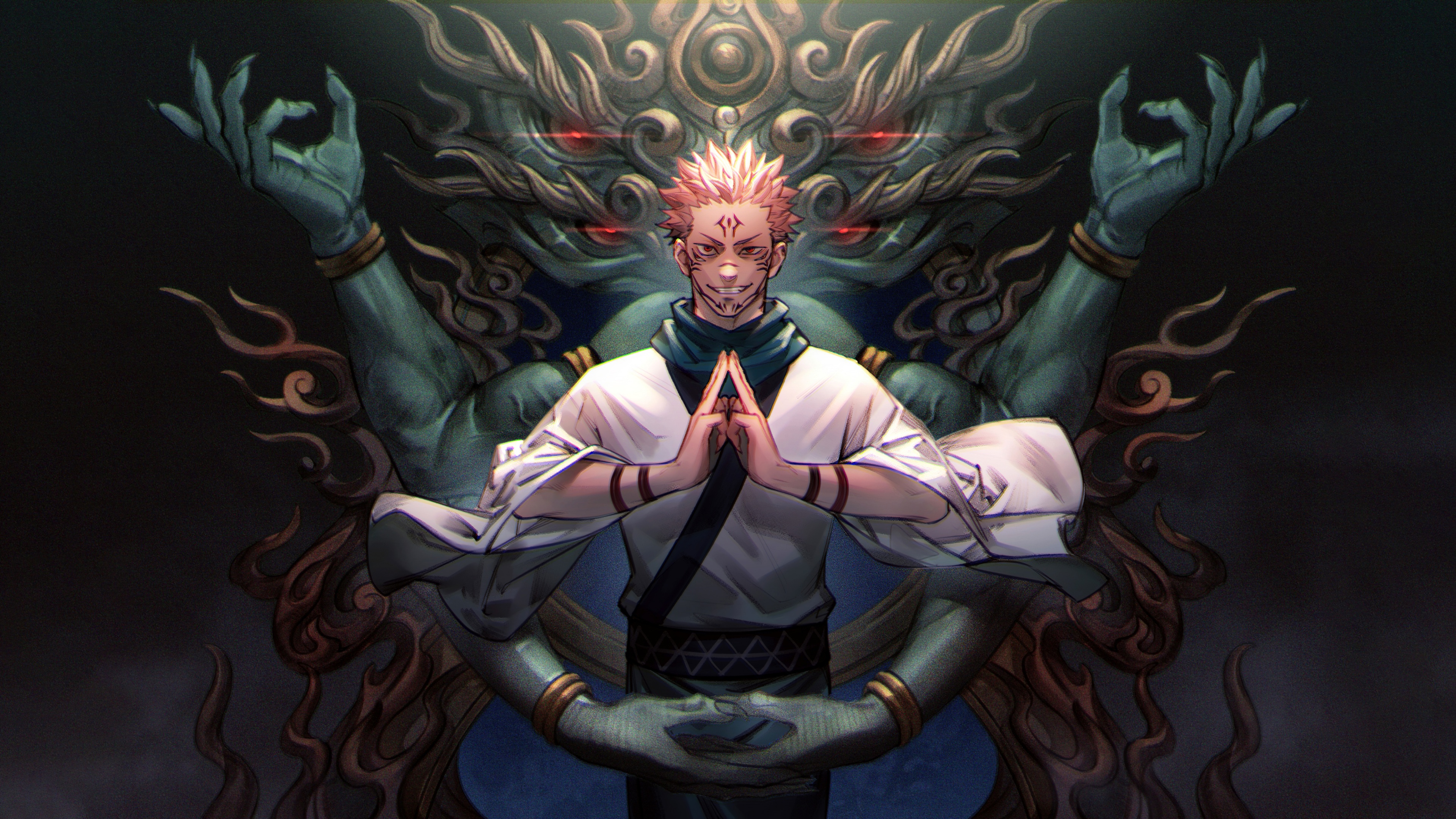 A detailed portrait of Ryomen Sukuna from Jujutsu Kaisen featuring his signature tattoos and intimidating expression.