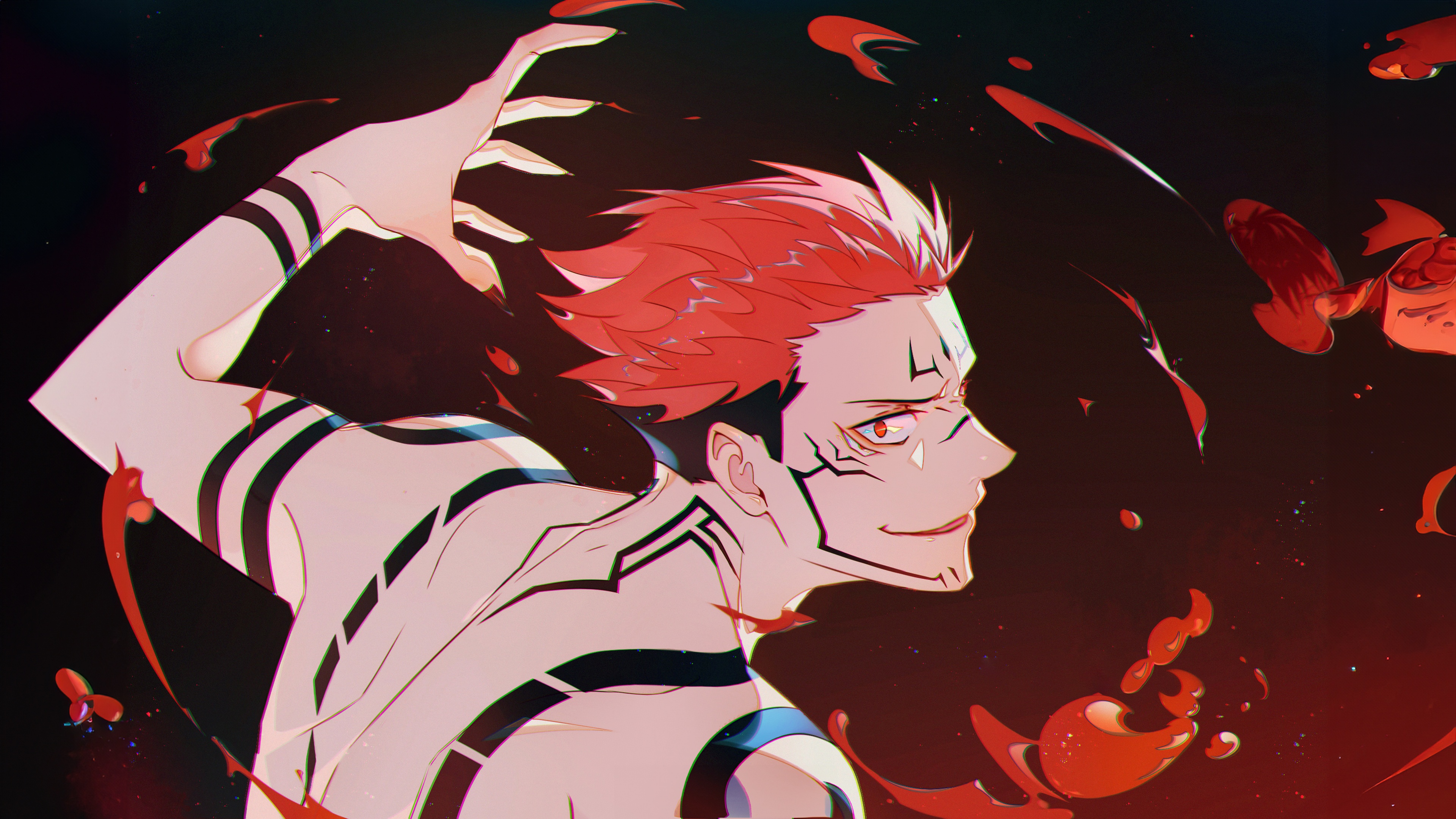 Ryomen Sukuna from Jujutsu Kaisen featuring a vibrant orange aesthetic and intense lighting.