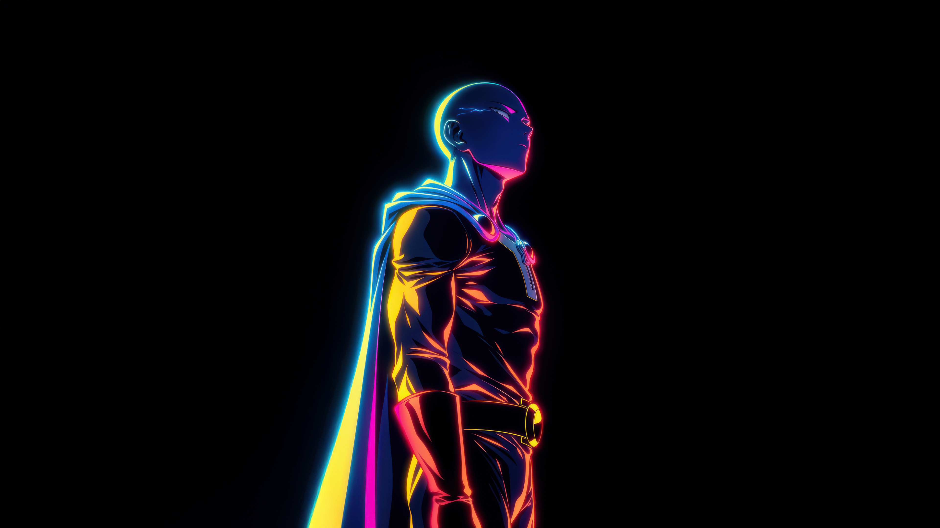 A vibrant neon-lit illustration of Saitama from One Punch Man against a pitch-black background.