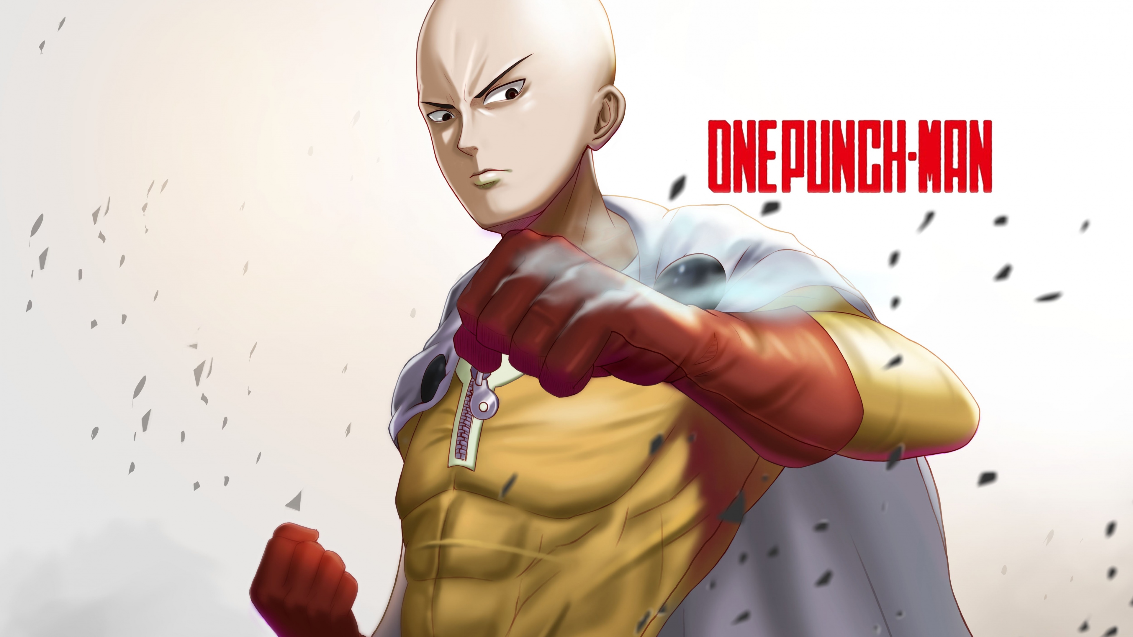 A high-resolution close-up portrait of Saitama from One Punch Man on a white background.