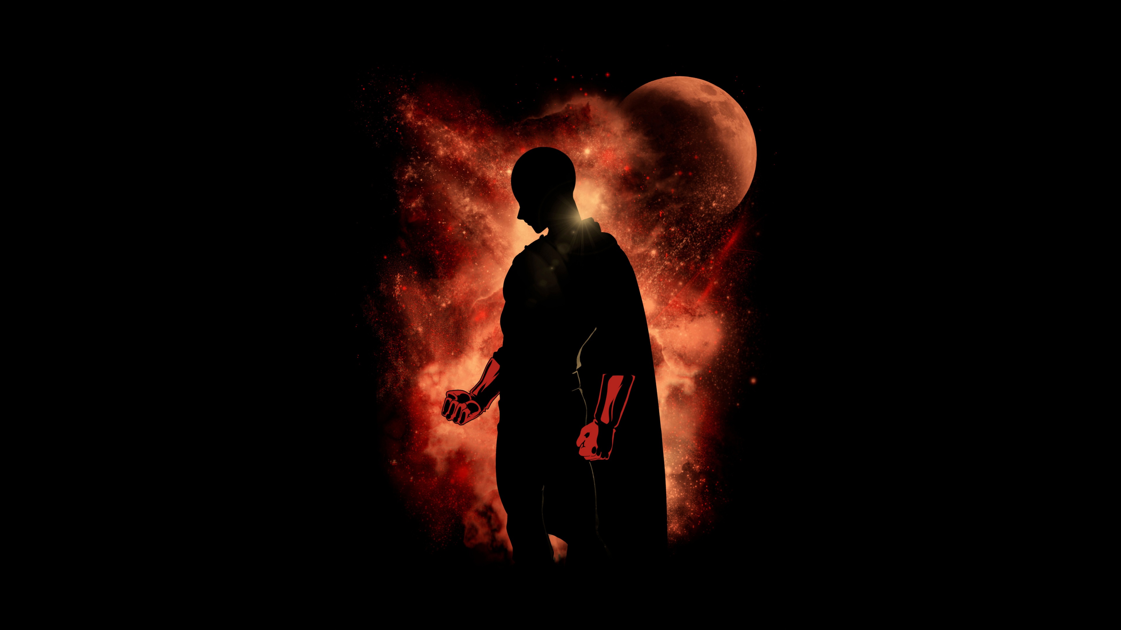A high-resolution 5K silhouette of Saitama from the anime One Punch Man against a black background.