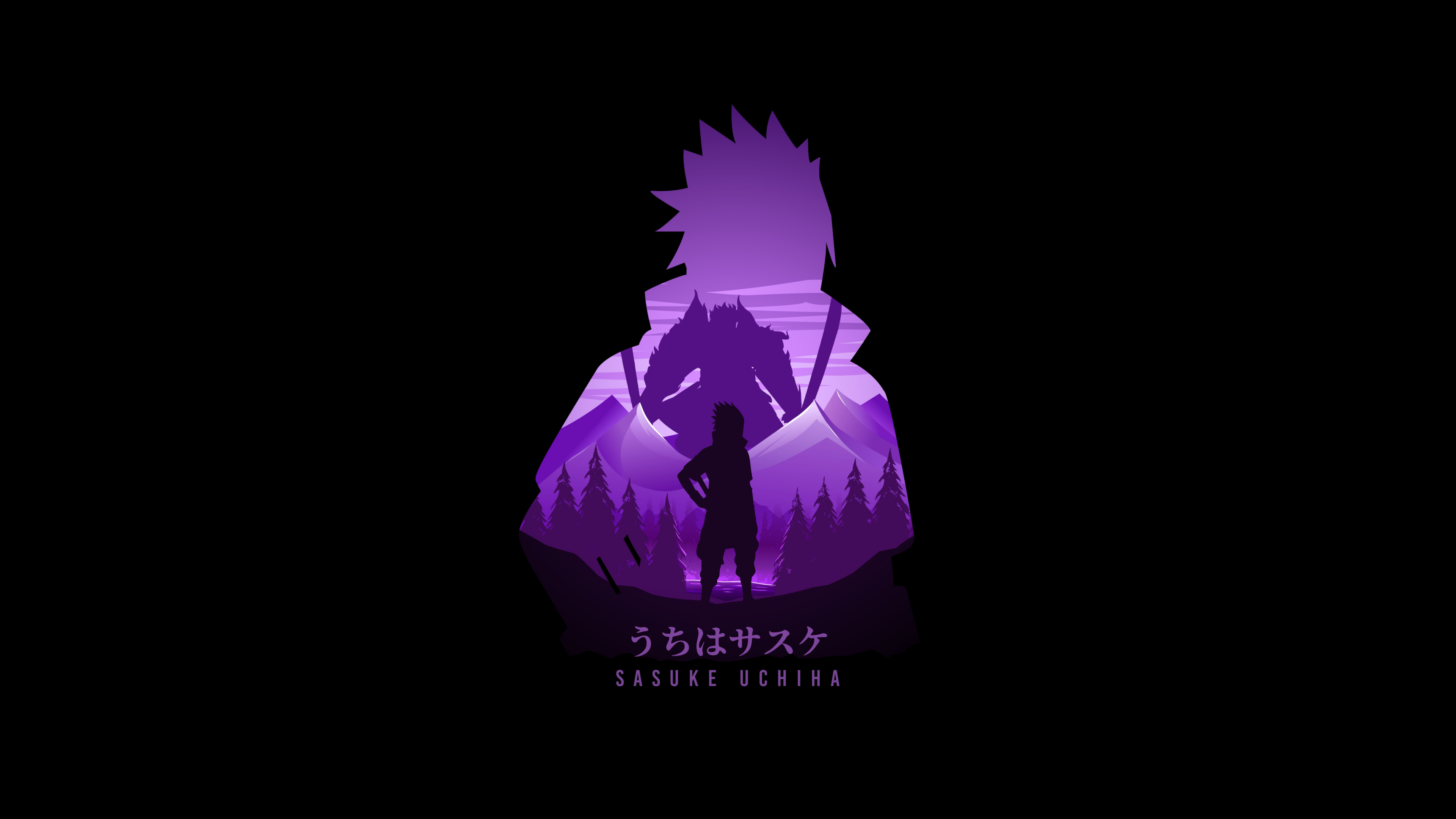 Minimalist art of Sasuke Uchiha from Naruto on a black background
