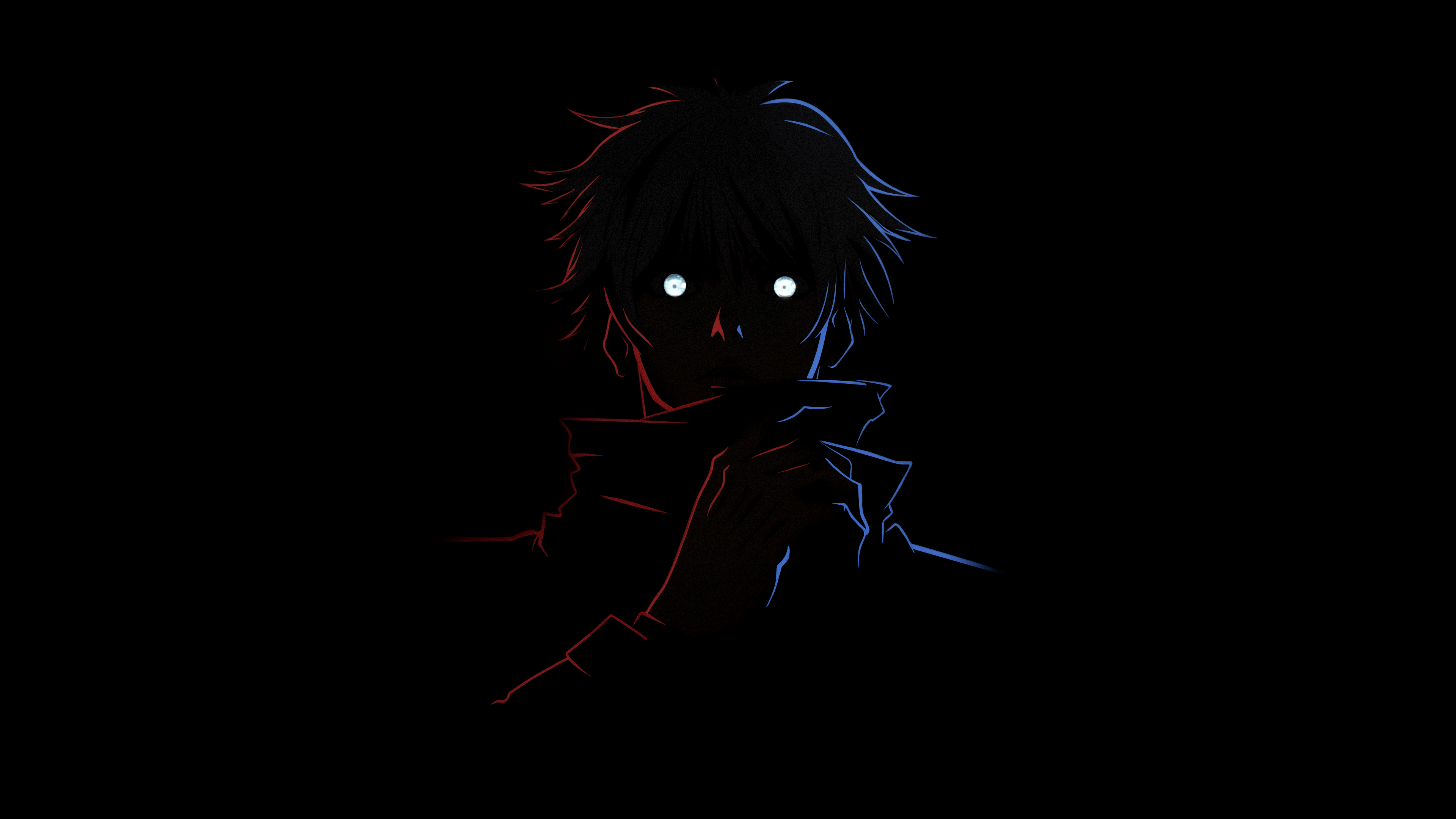 A minimalist, high-contrast portrait of Satoru Gojo from Jujutsu Kaisen against a solid black background.