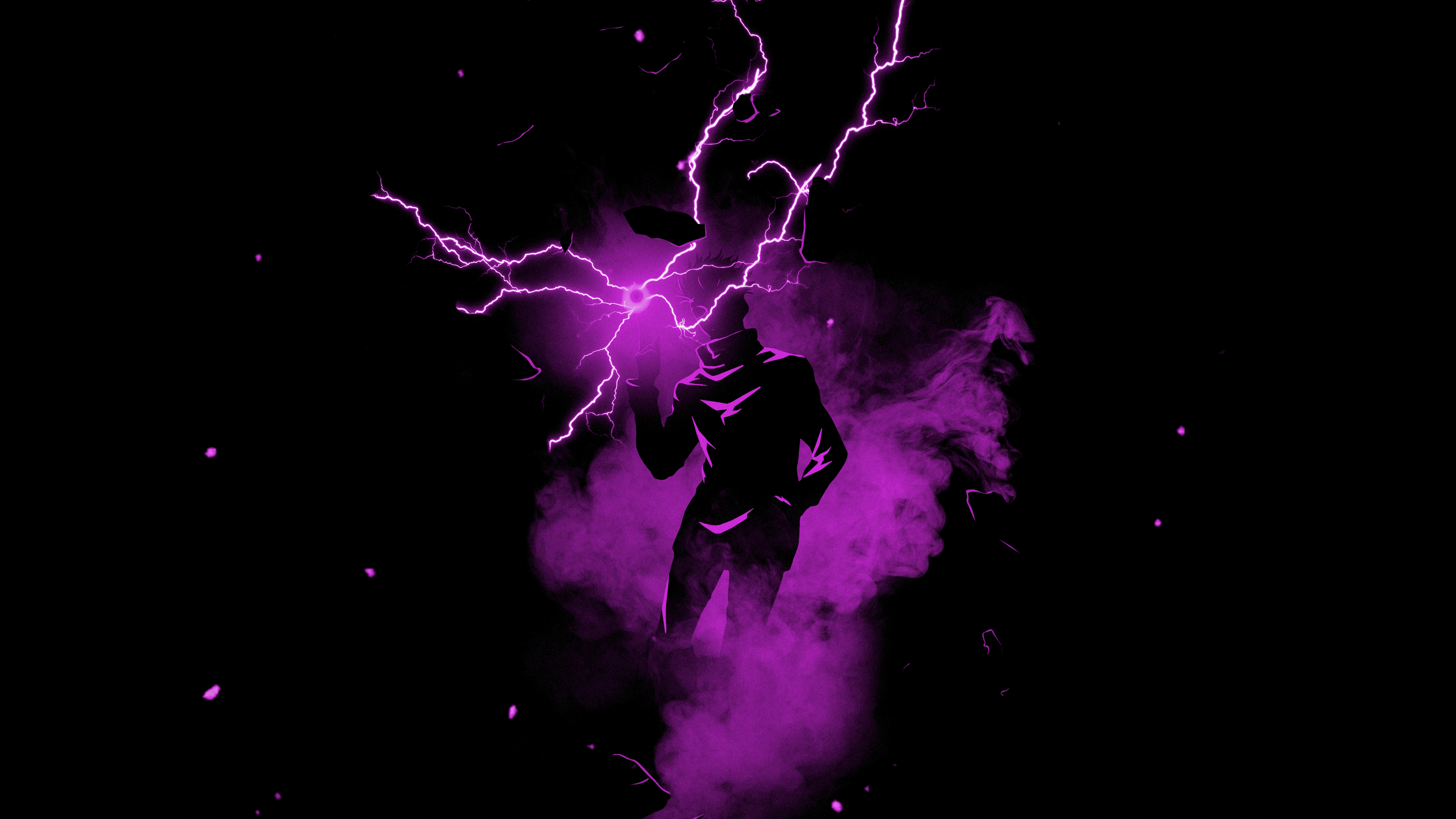 Satoru Gojo from Jujutsu Kaisen surrounded by vibrant purple lightning on a black background