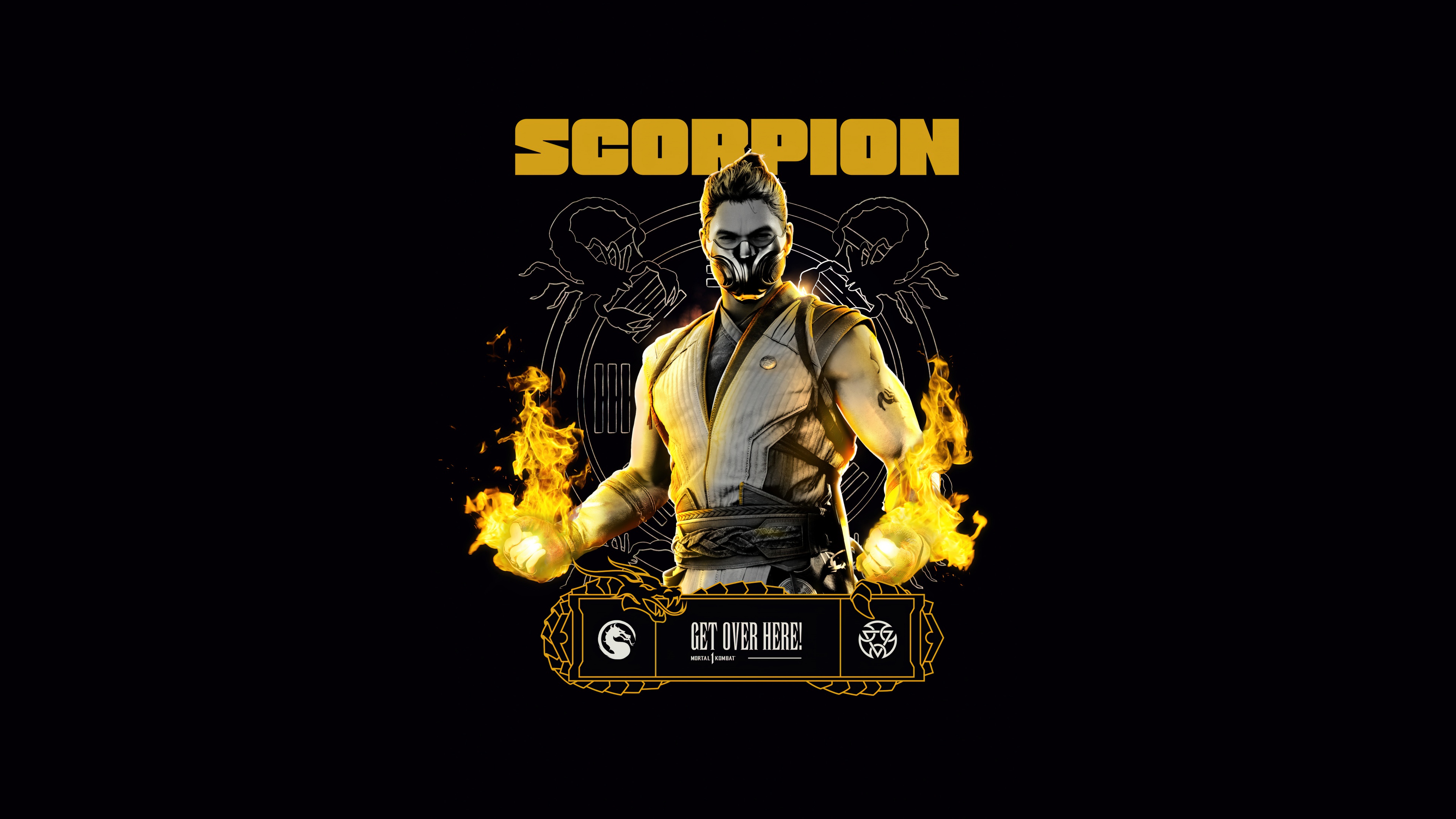 A high-resolution, detailed close-up of Scorpion from Mortal Kombat against a black background.