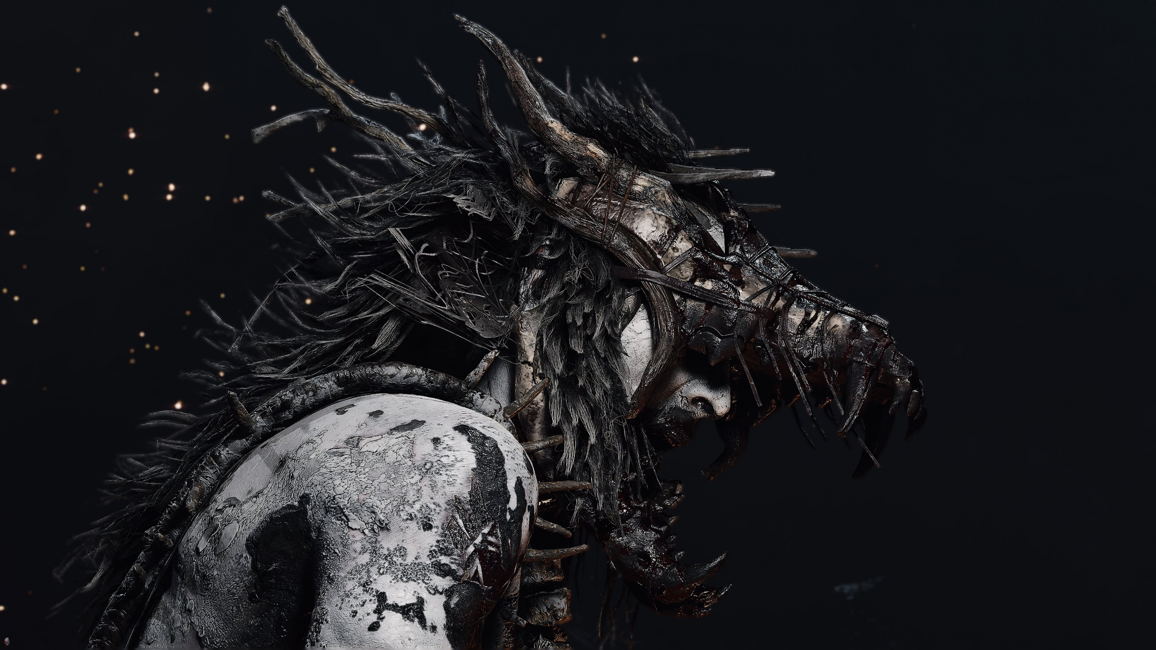 A dramatic and atmospheric close-up of Senua from the video game Senua's Saga: Hellblade II against a dark background.