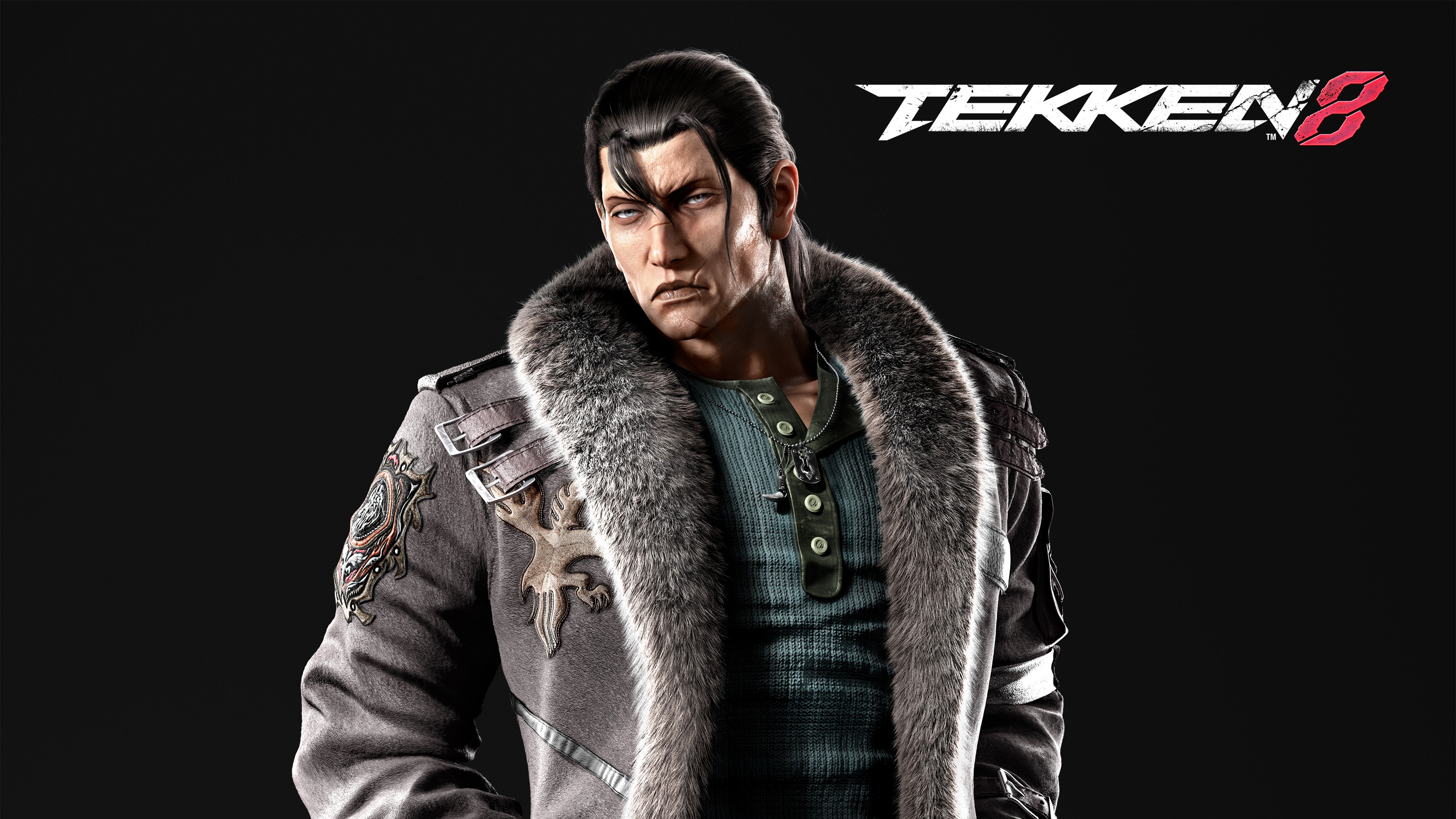 A dramatic close-up of Sergei Dragunov from the video game Tekken 8 against a dark, atmospheric background.