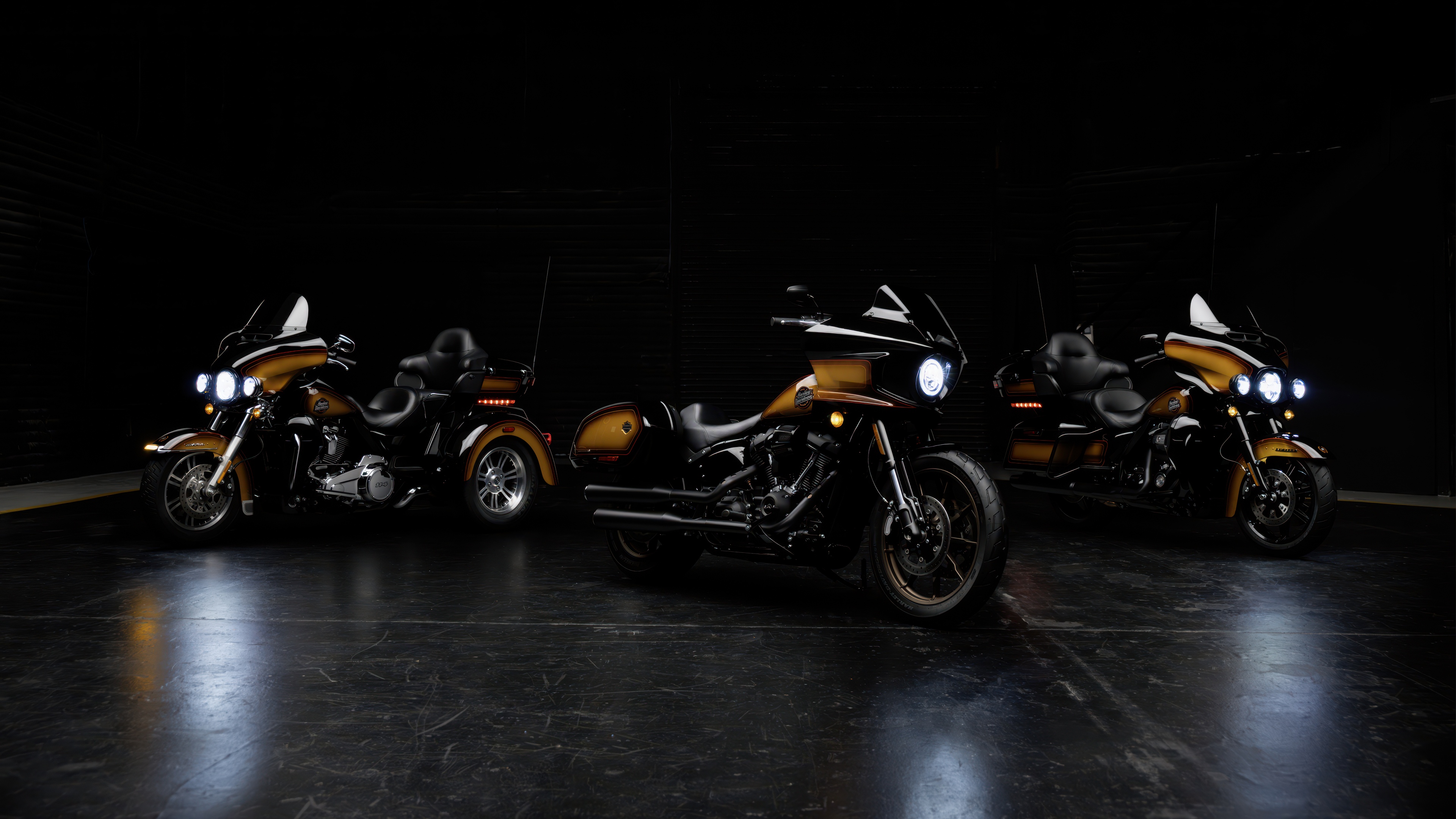 A cinematic, high-detail shot of a Harley-Davidson Low Rider motorcycle in a dark, moody setting with dramatic shadows.