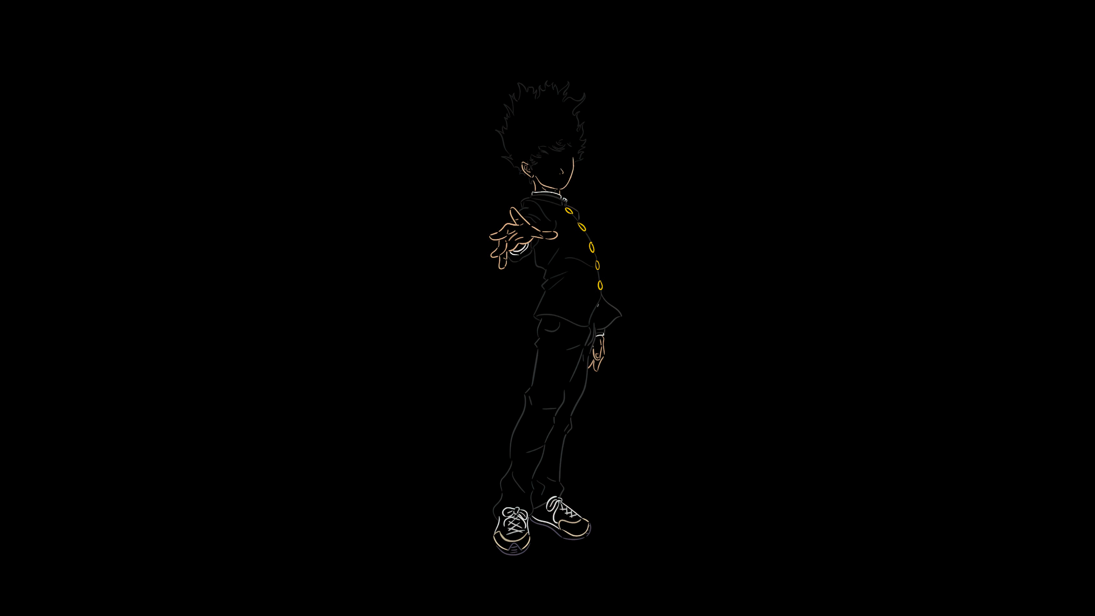 Minimalist AMOLED portrait of Shigeo Kageyama (Mob) from Mob Psycho 100 on a deep black background.