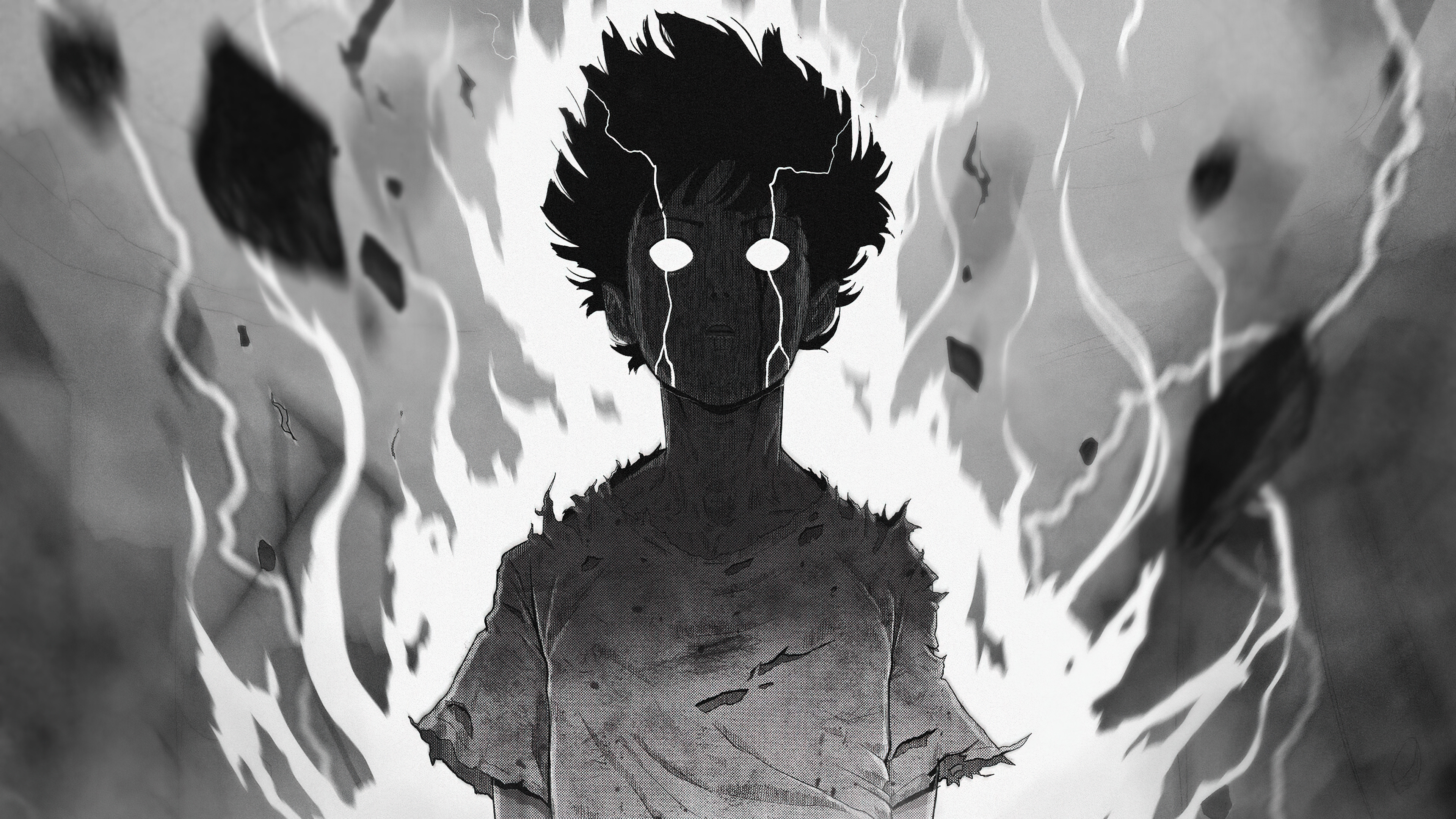 Monochrome illustration of Shigeo Kageyama from Mob Psycho 100 expressing intense rage and psychic energy.