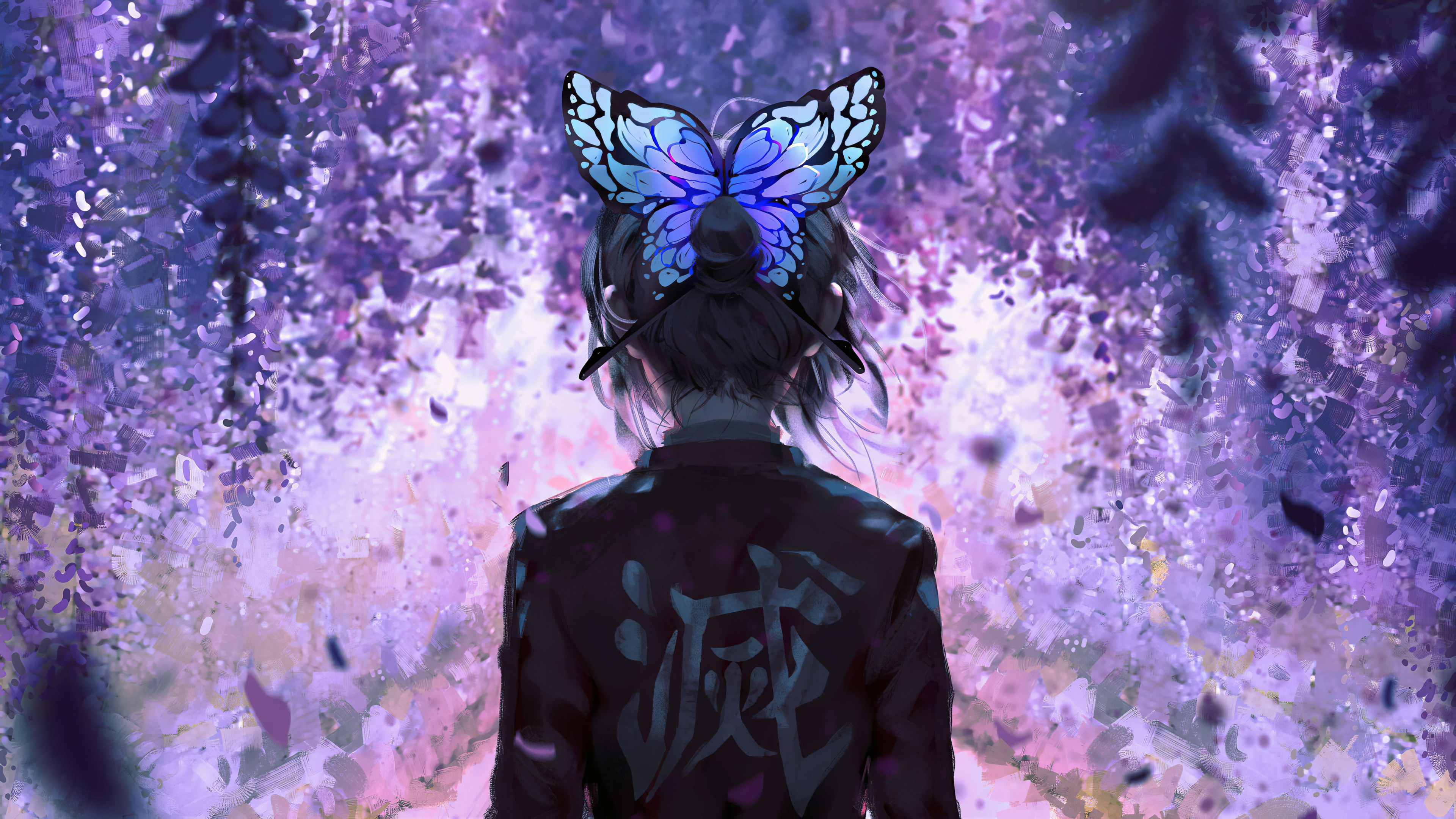 A stunning depiction of Shinobu Kocho from Demon Slayer: Kimetsu no Yaiba surrounded by purple butterflies.
