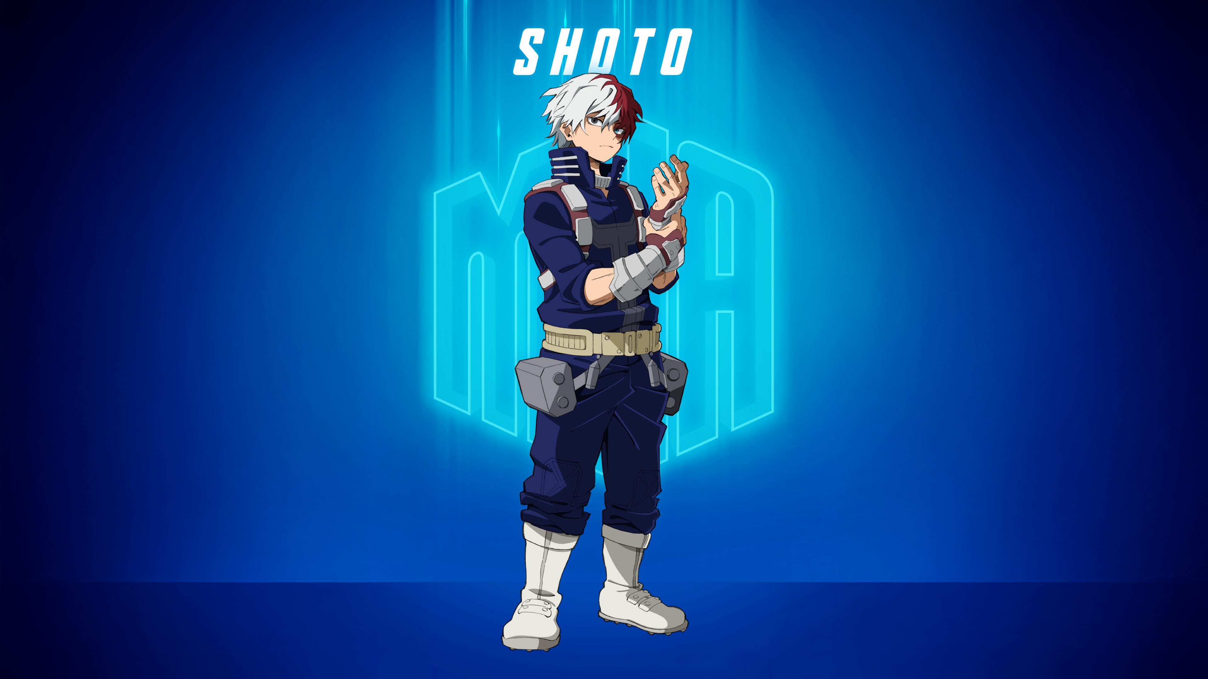 Shoto Todoroki from My Hero Academia posing against a solid blue background