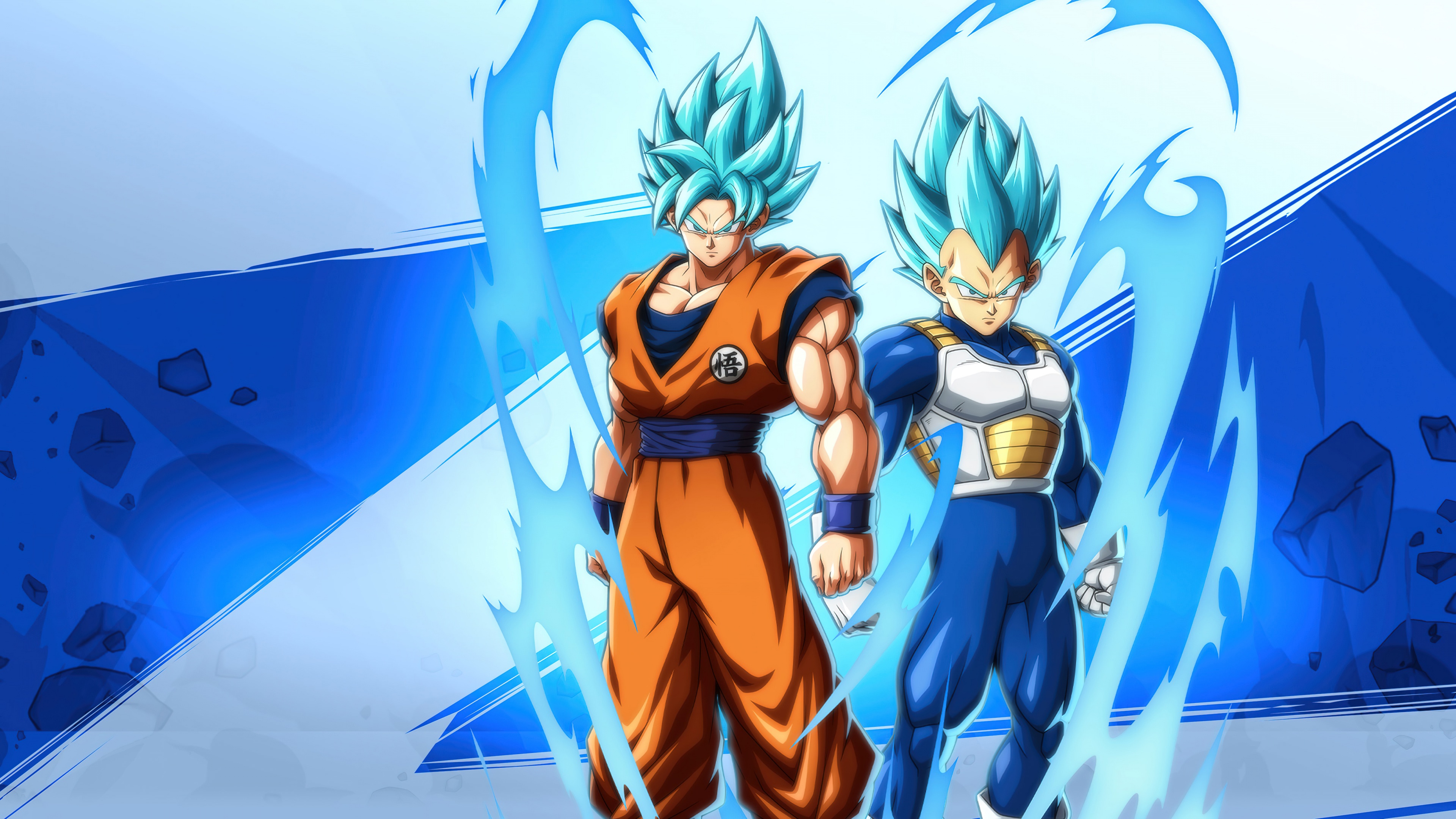 Son Goku and Vegeta rendered in the intense Dragon Ball FighterZ fighting game art style.