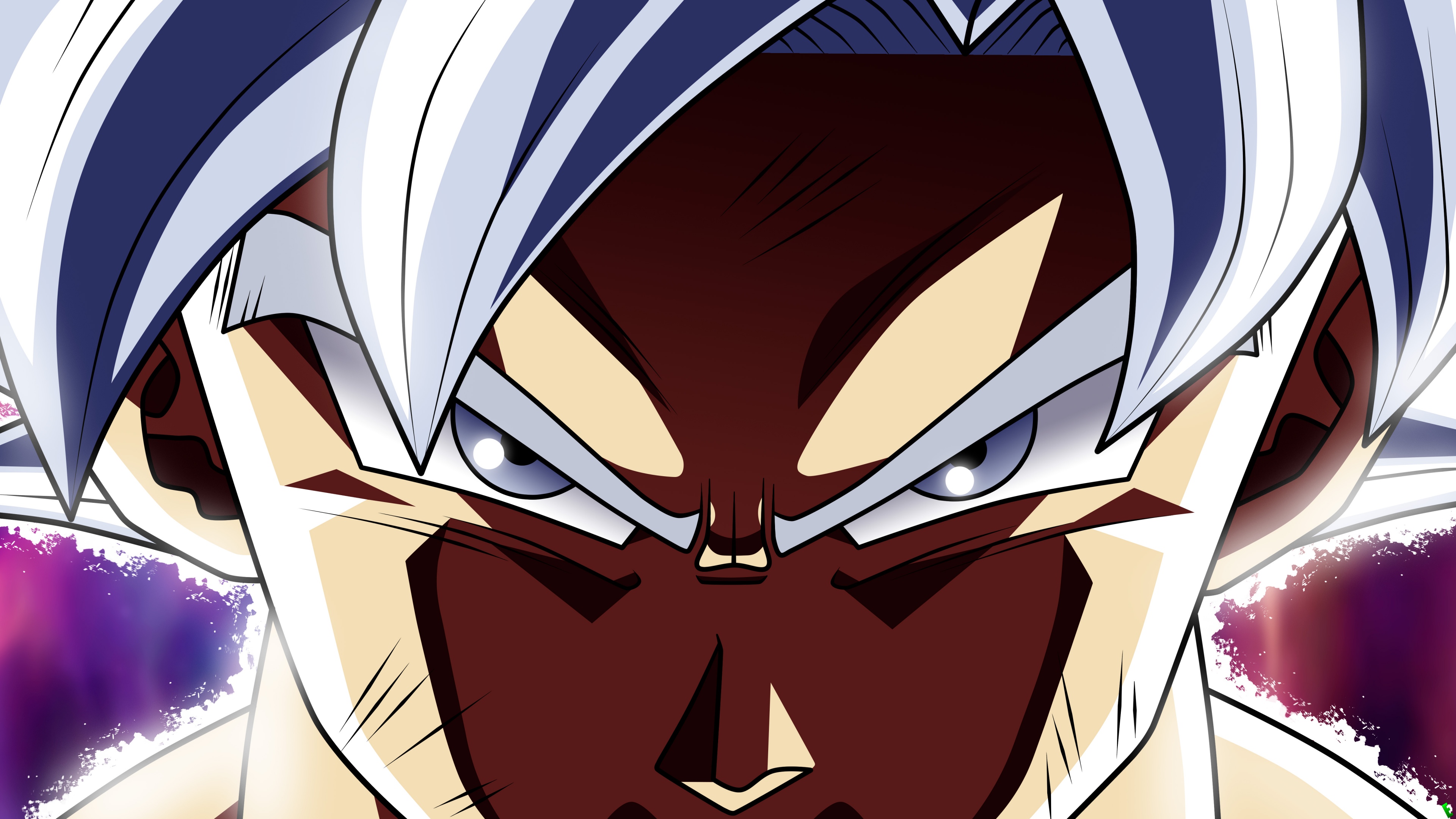 Son Goku from Dragon Ball Super in his Perfected Ultra Instinct form, featuring silver hair and a glowing cosmic aura.