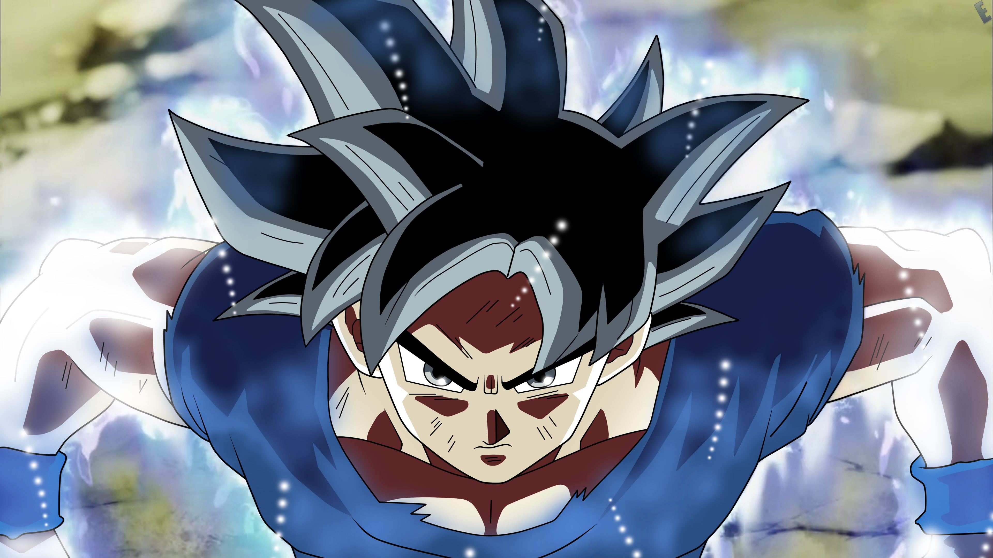 Son Goku from Dragon Ball Super in his Ultra Instinct Omen form with a glowing aura