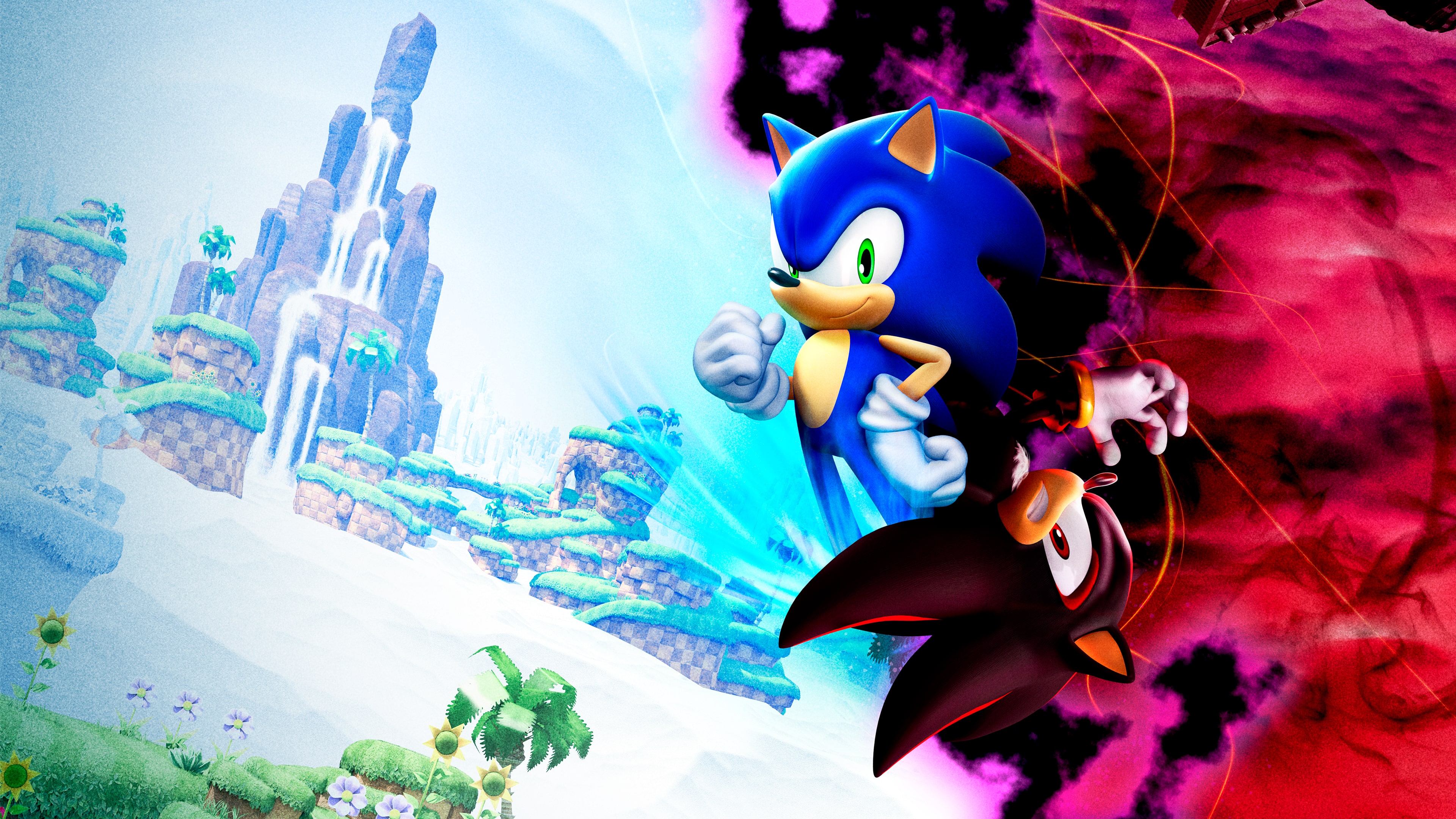 Sonic the Hedgehog and Shadow the Hedgehog facing off in a high-action scene from the video game Sonic X Shadow Generations.