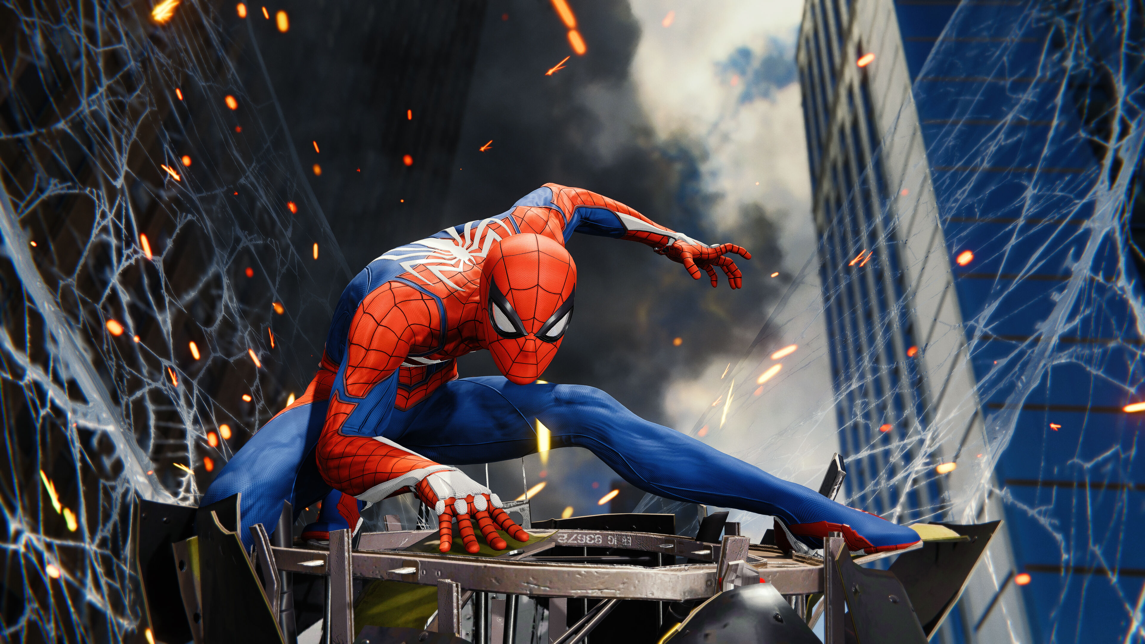 A cinematic gameplay screenshot of Spider-Man from the Marvel's Spider-Man video game.