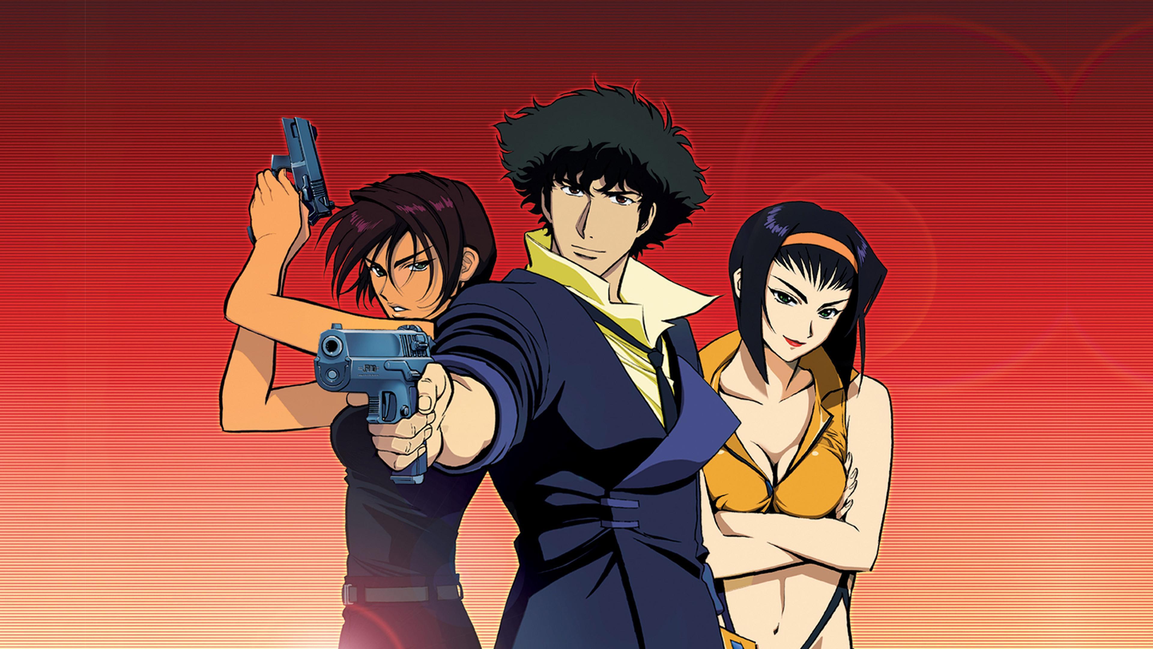 Cinematic poster featuring Spike Spiegel and Faye Valentine from the anime Cowboy Bebop.