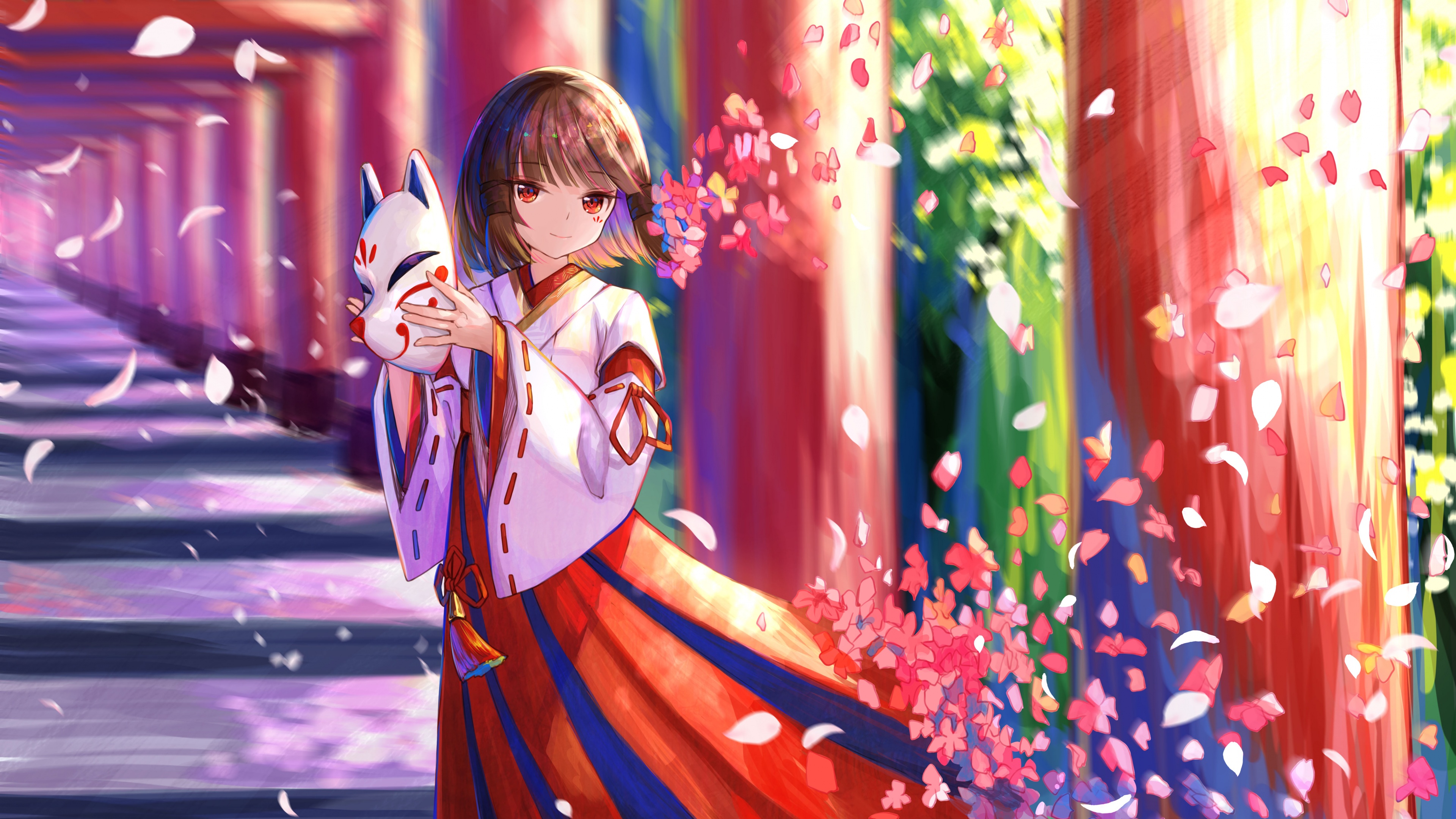 Anime girl wearing a mask in a Genshin Impact inspired spring setting.