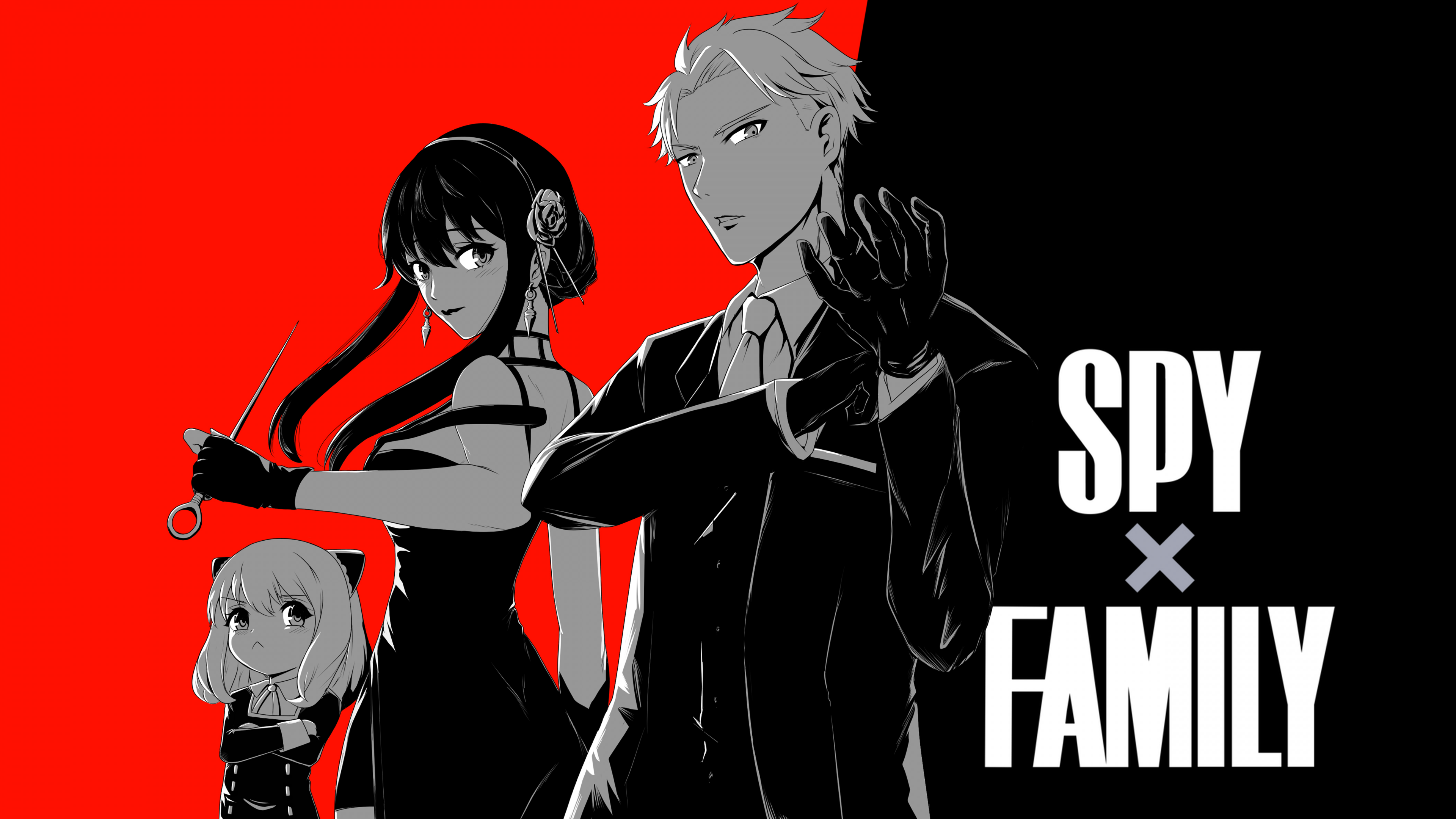 Loid Forger, Anya Forger, and Yor Forger from the anime Spy x Family standing together.