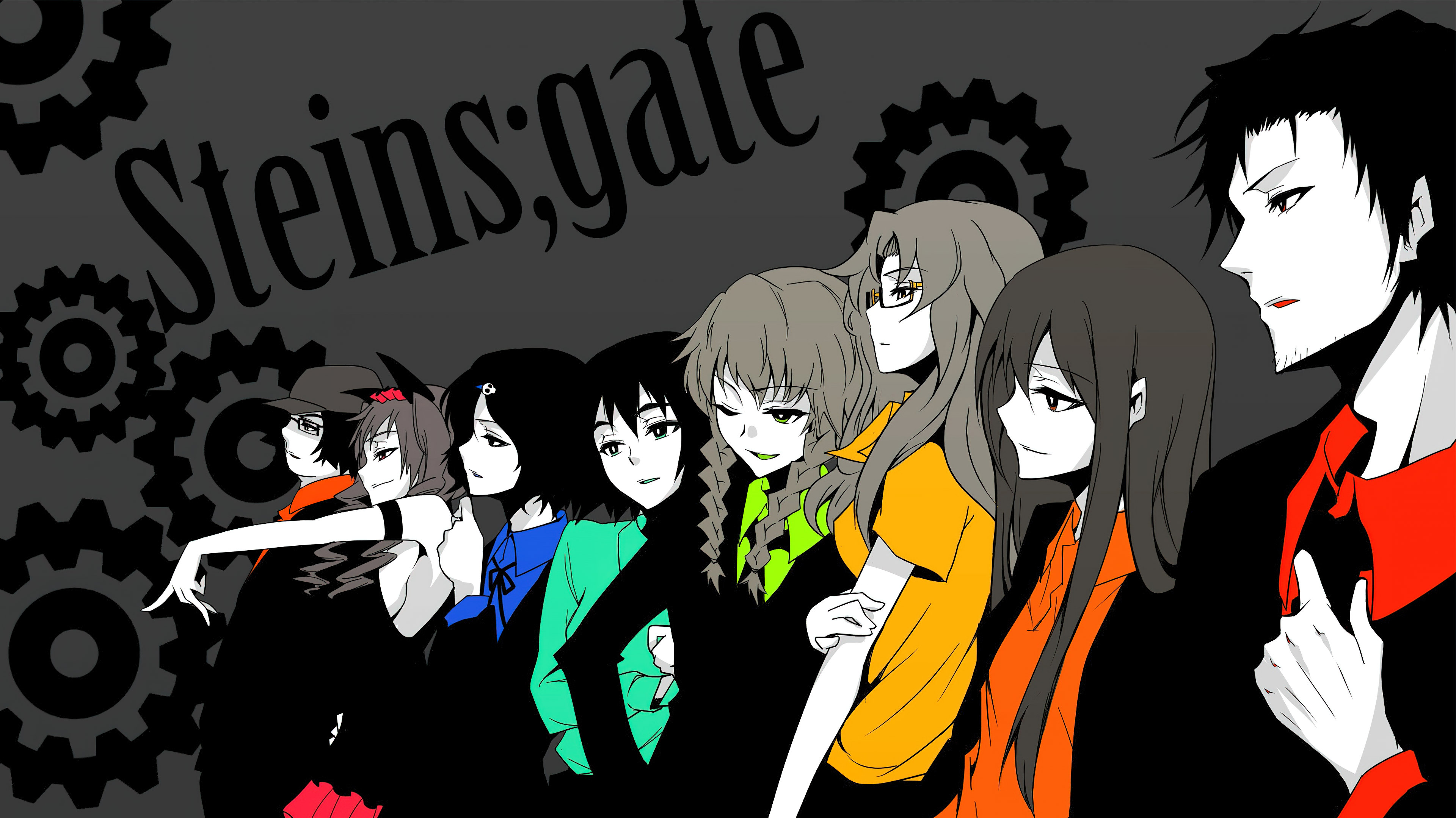 A collection of anime characters from Steins;Gate, featuring Rintaro Okabe, Kurisu Makise, and Mayuri Shiina standing together in character art style.