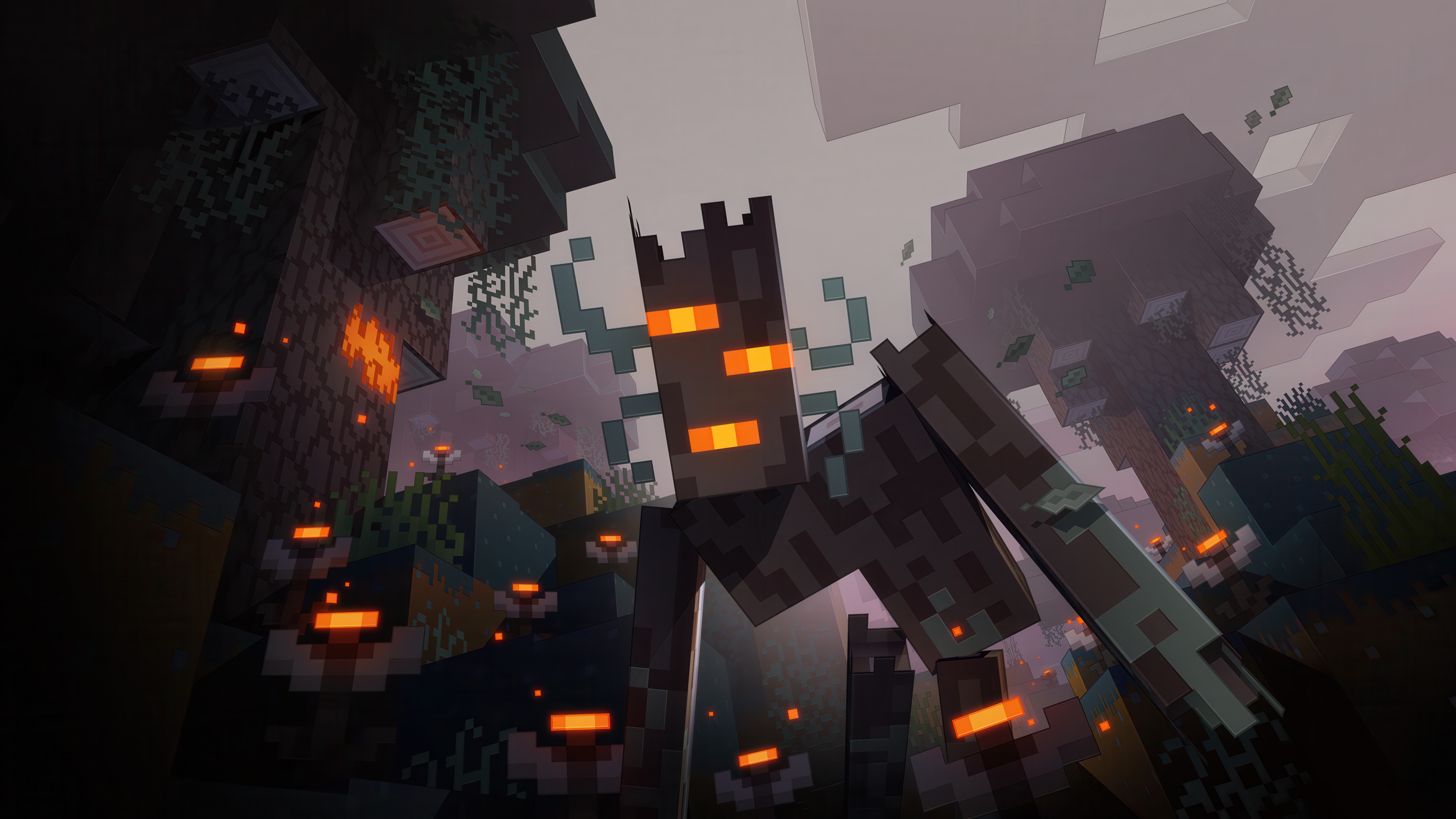 A high-resolution 5K view of Steve from Minecraft standing in a lush, blocky landscape with mountains in the background.