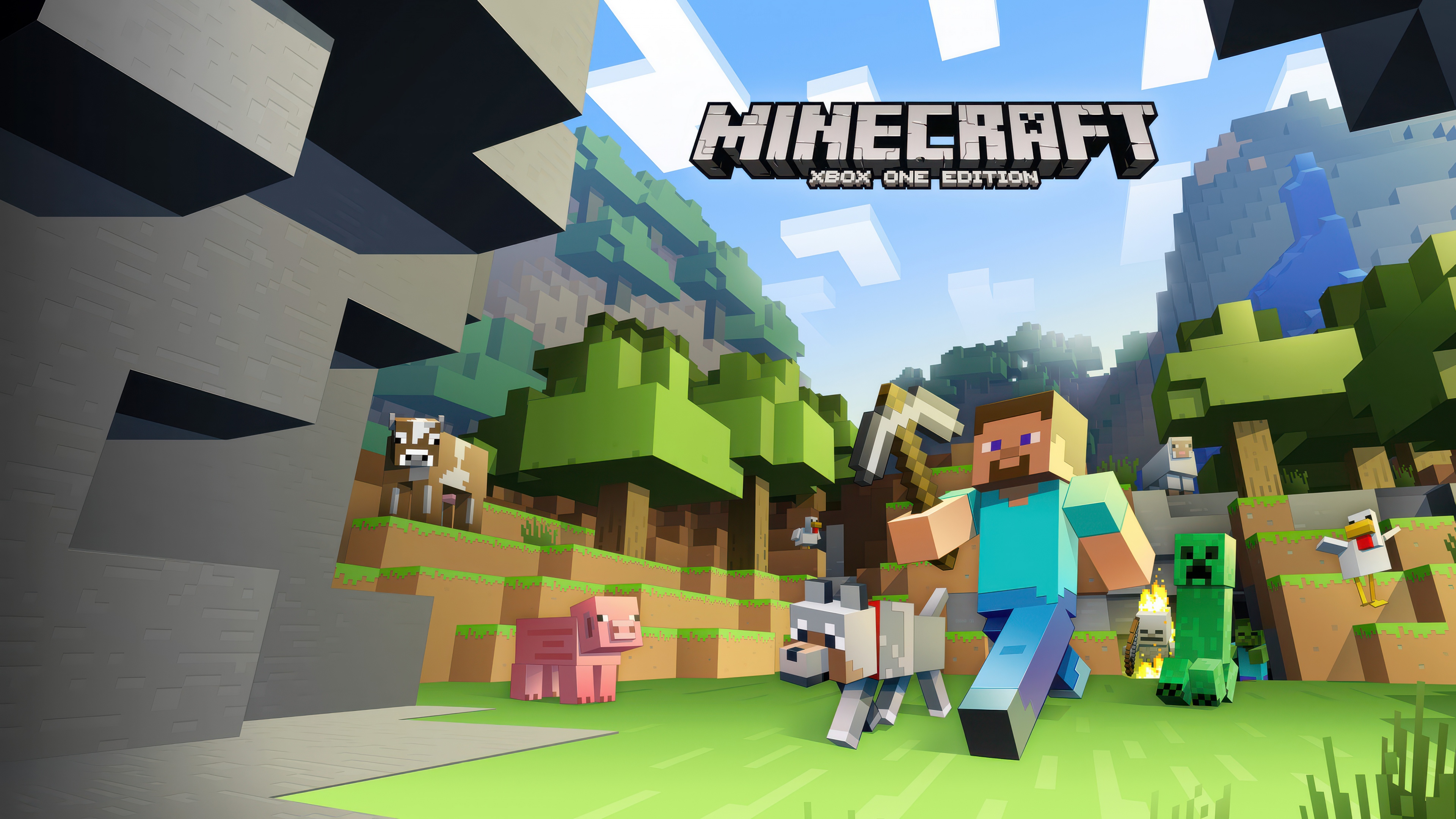 Steve from Minecraft standing in a highly detailed 5K blocky landscape.