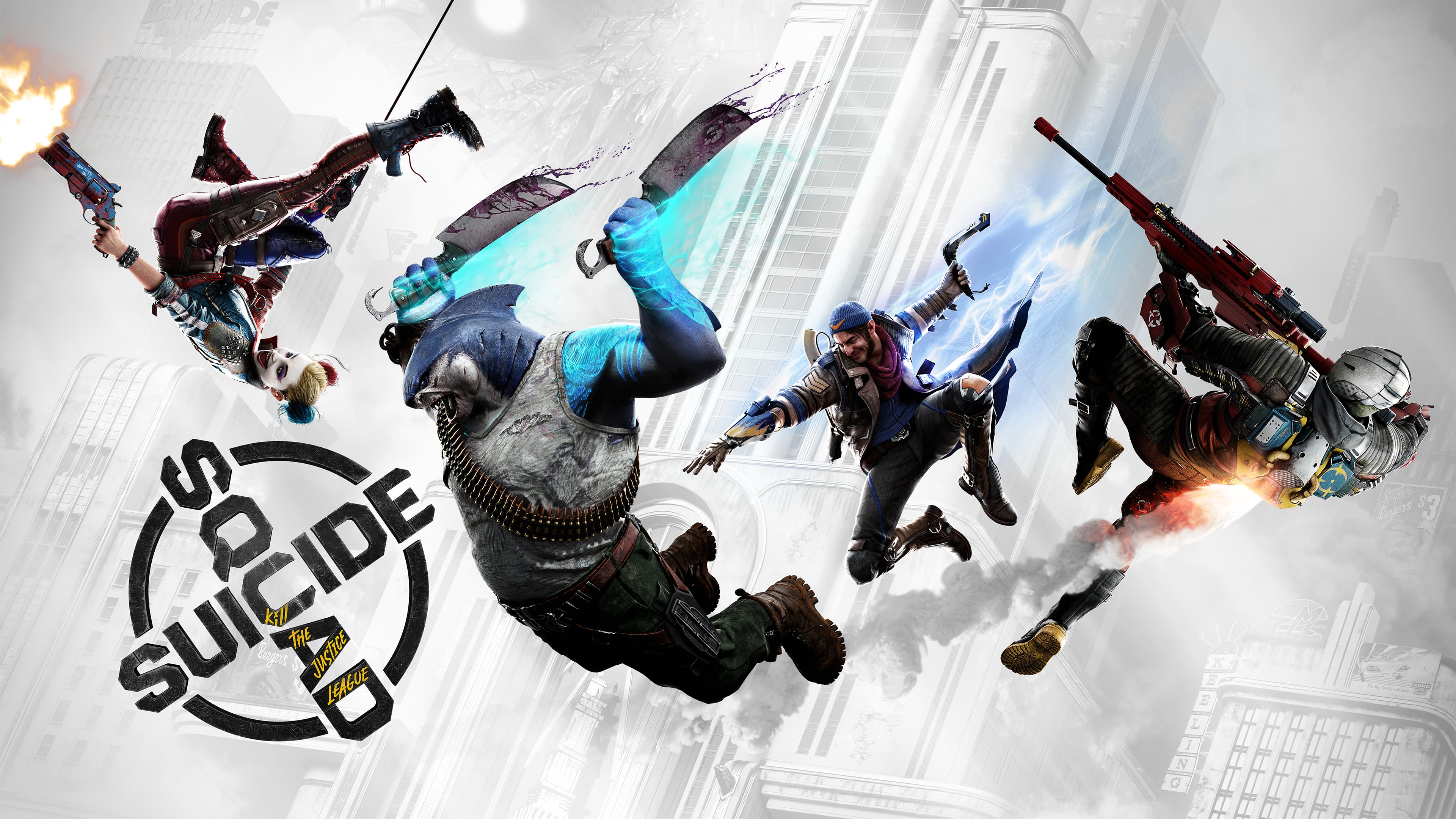 Harley Quinn, Deadshot, Captain Boomerang, and King Shark from the game Suicide Squad: Kill the Justice League