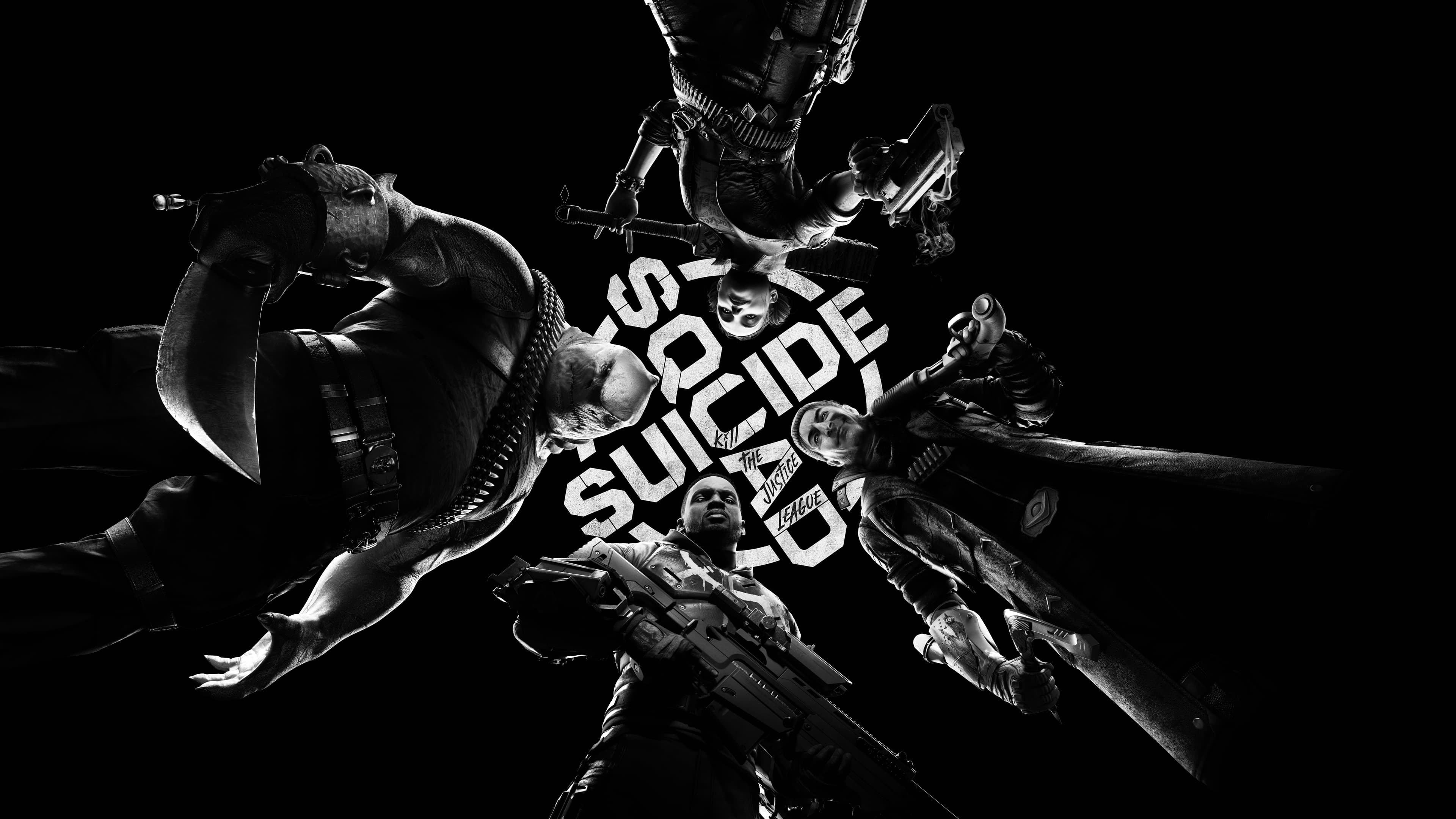 Black and white monochrome character art of Harley Quinn, Deadshot, King Shark, and Captain Boomerang from Suicide Squad: Kill the Justice League.
