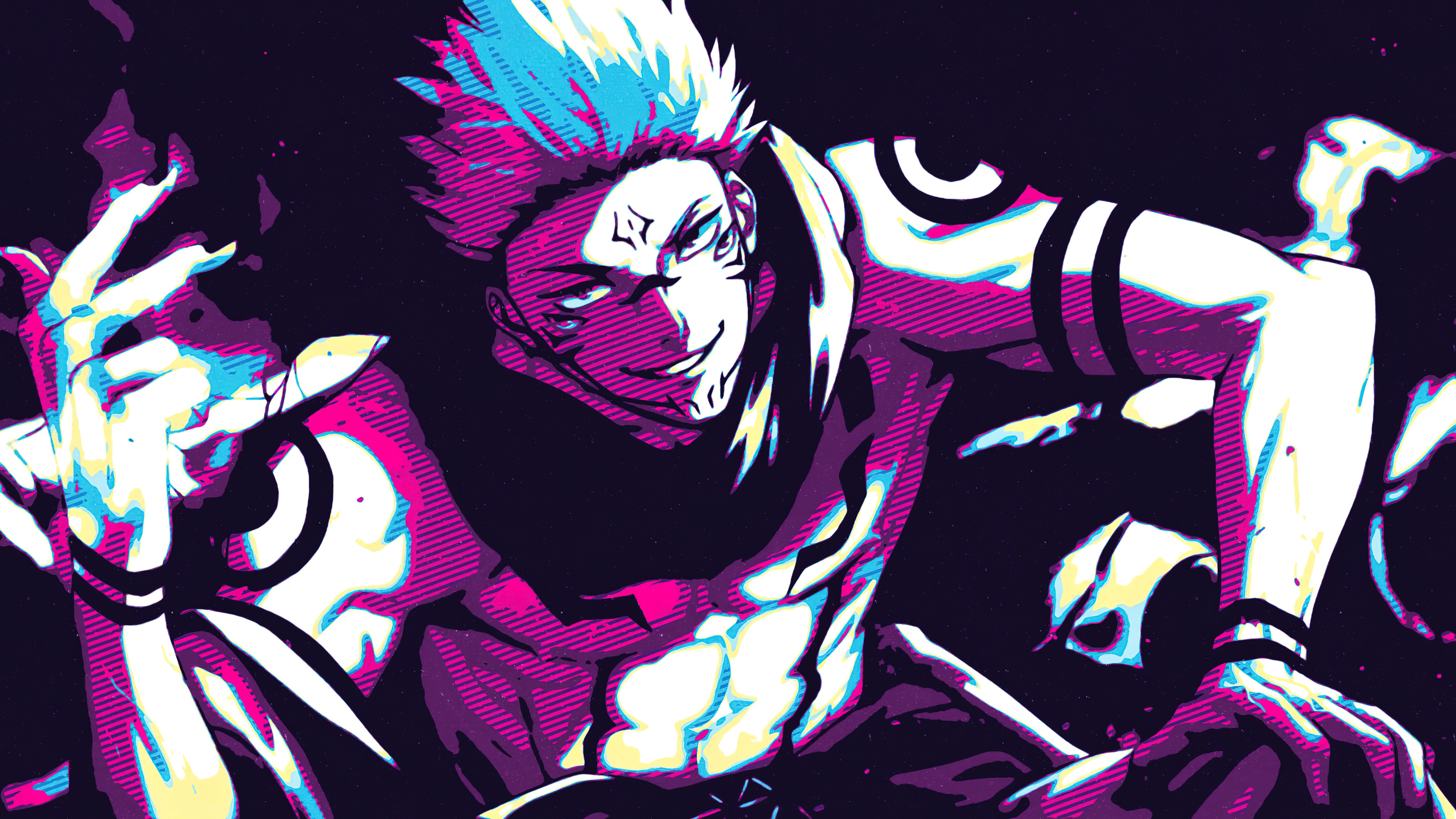 A colorful pop art illustration of Sukuna from Jujutsu Kaisen with bold, stylized graphics.