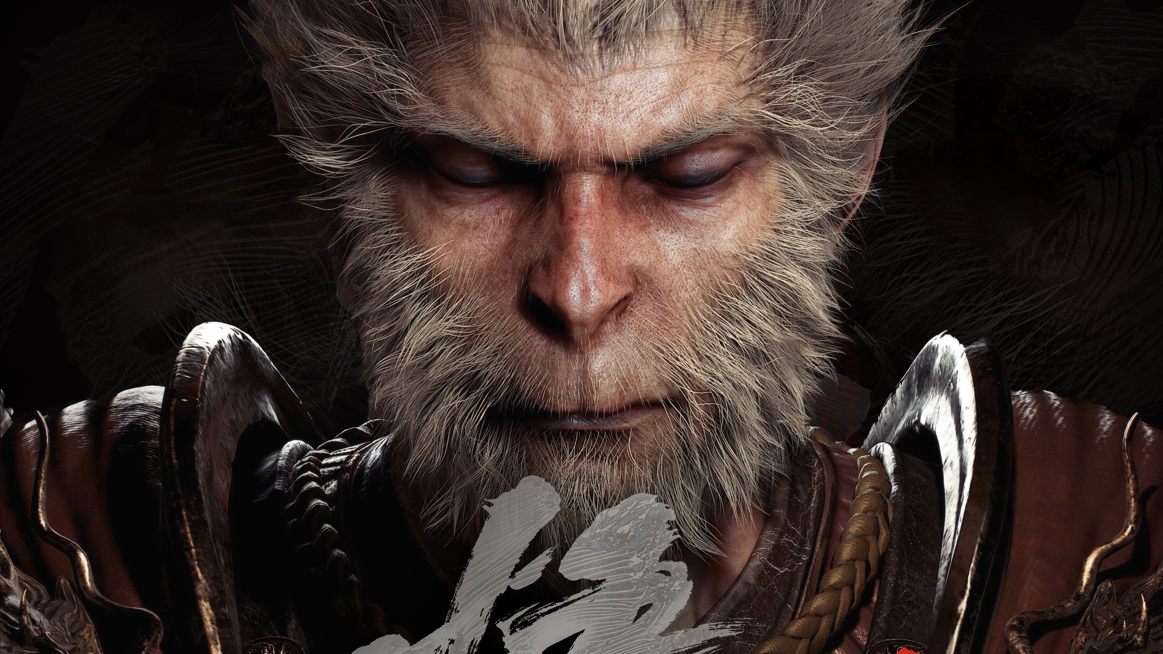 A cinematic close-up of Sun Wukong, the Monkey King, from the video game Black Myth: Wukong, featuring detailed mythical armor.