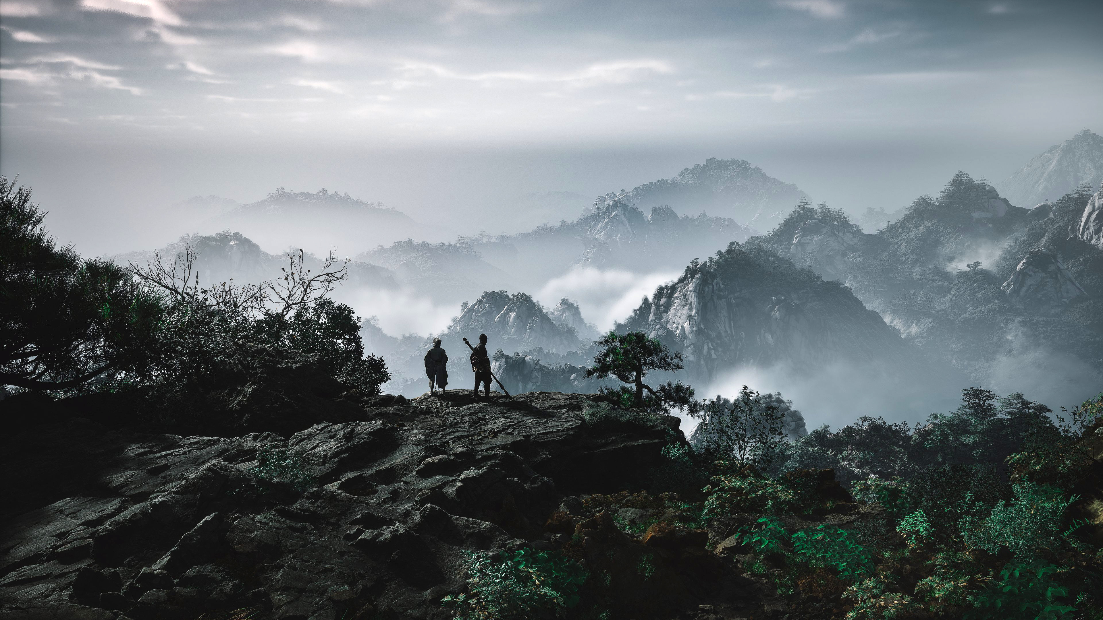 A majestic and atmospheric landscape featuring the mystical mountains and environments from the video game Black Myth: Wukong.