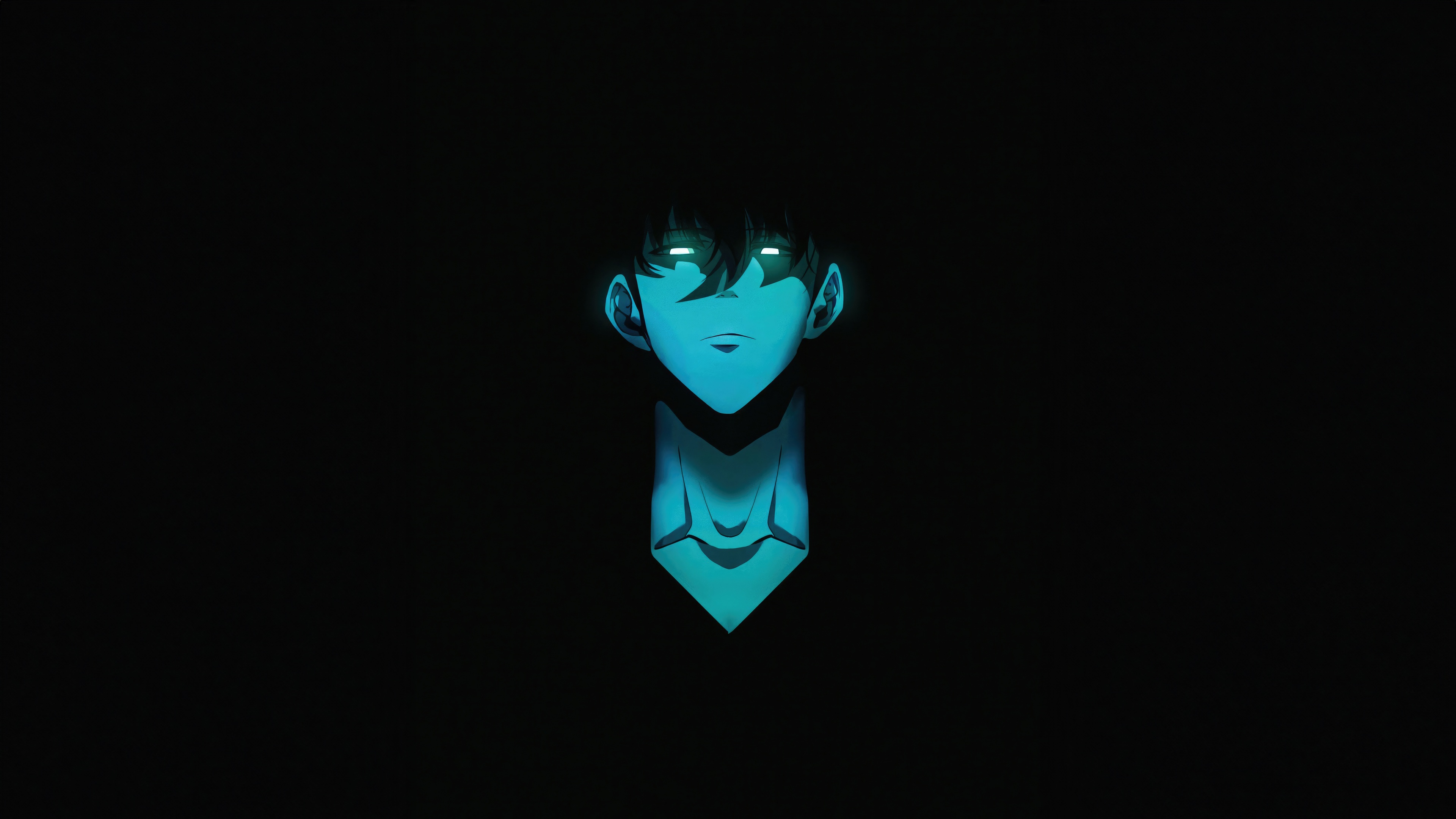 High-resolution intense portrait of Sung Jinwoo from Solo Leveling against a deep black background.