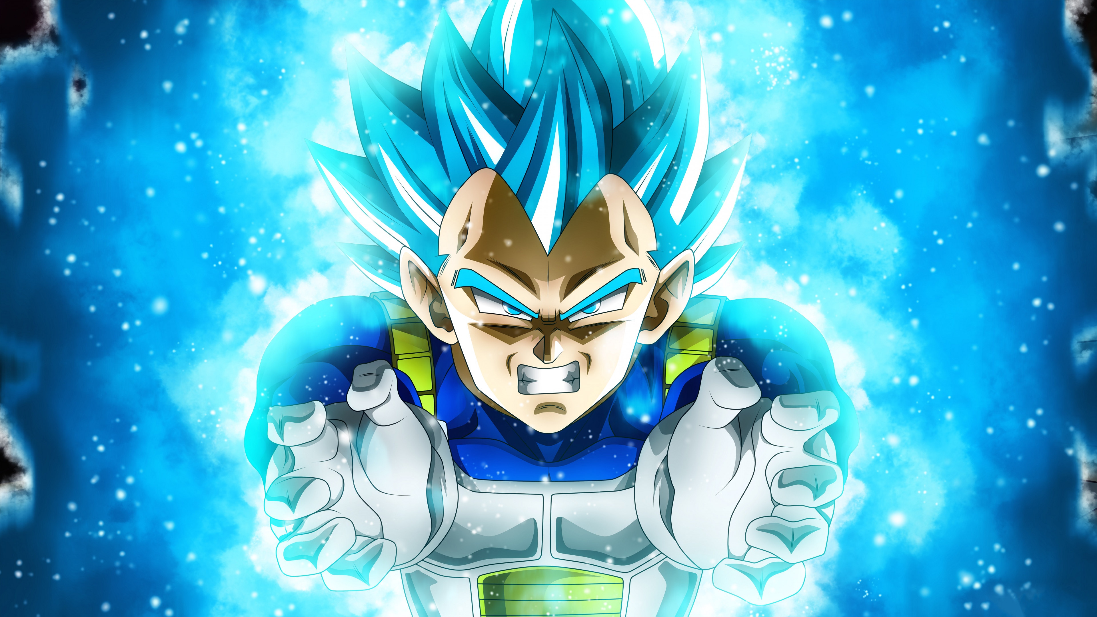Vegeta from Dragon Ball Super in his Super Saiyan Blue form with glowing blue hair and intense aura.