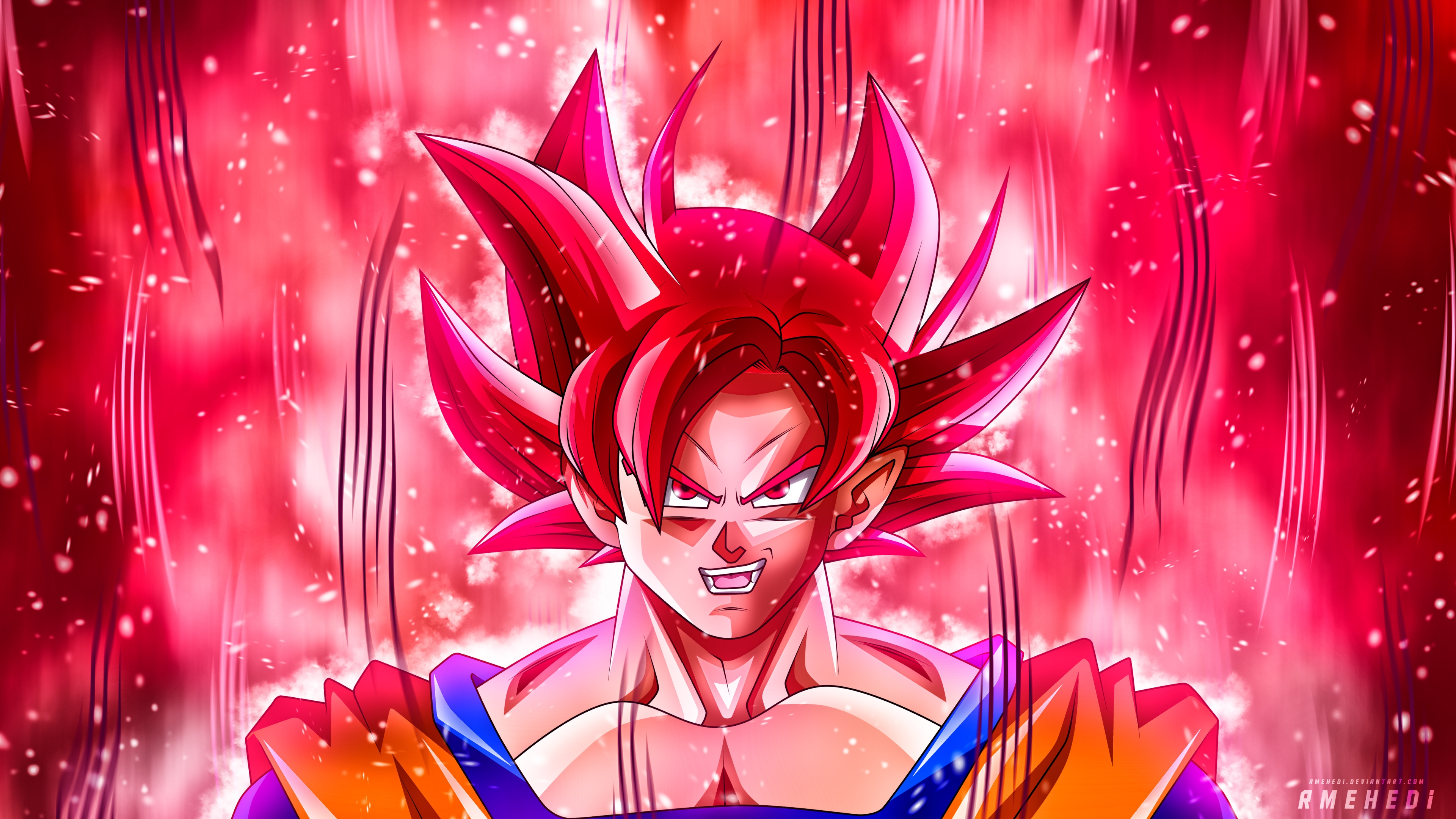 Goku from Dragon Ball in Super Saiyan form surrounded by vibrant pink flames.