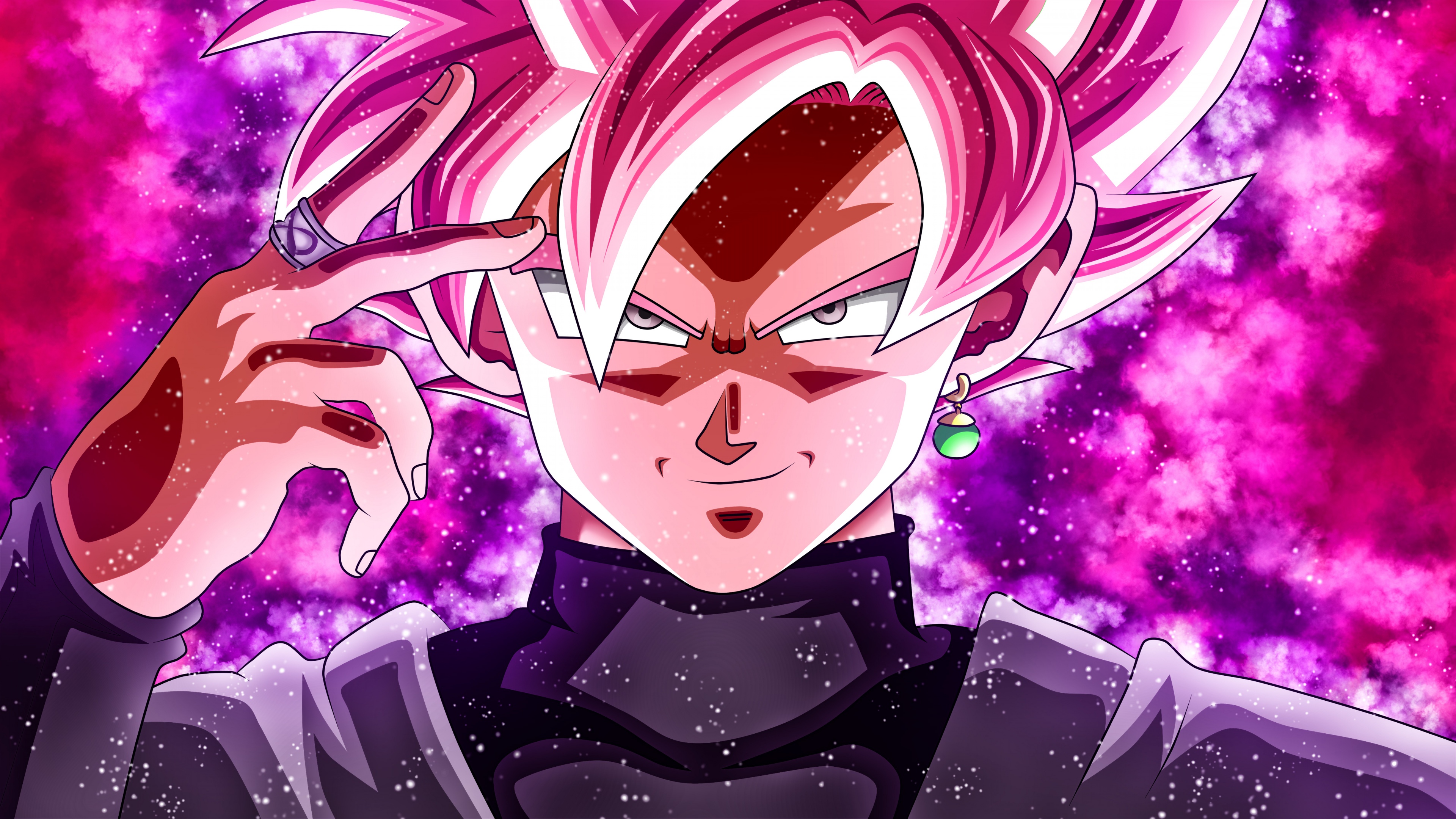 Super Saiyan Rosé from Dragon Ball Super with pink hair and a glowing pink background