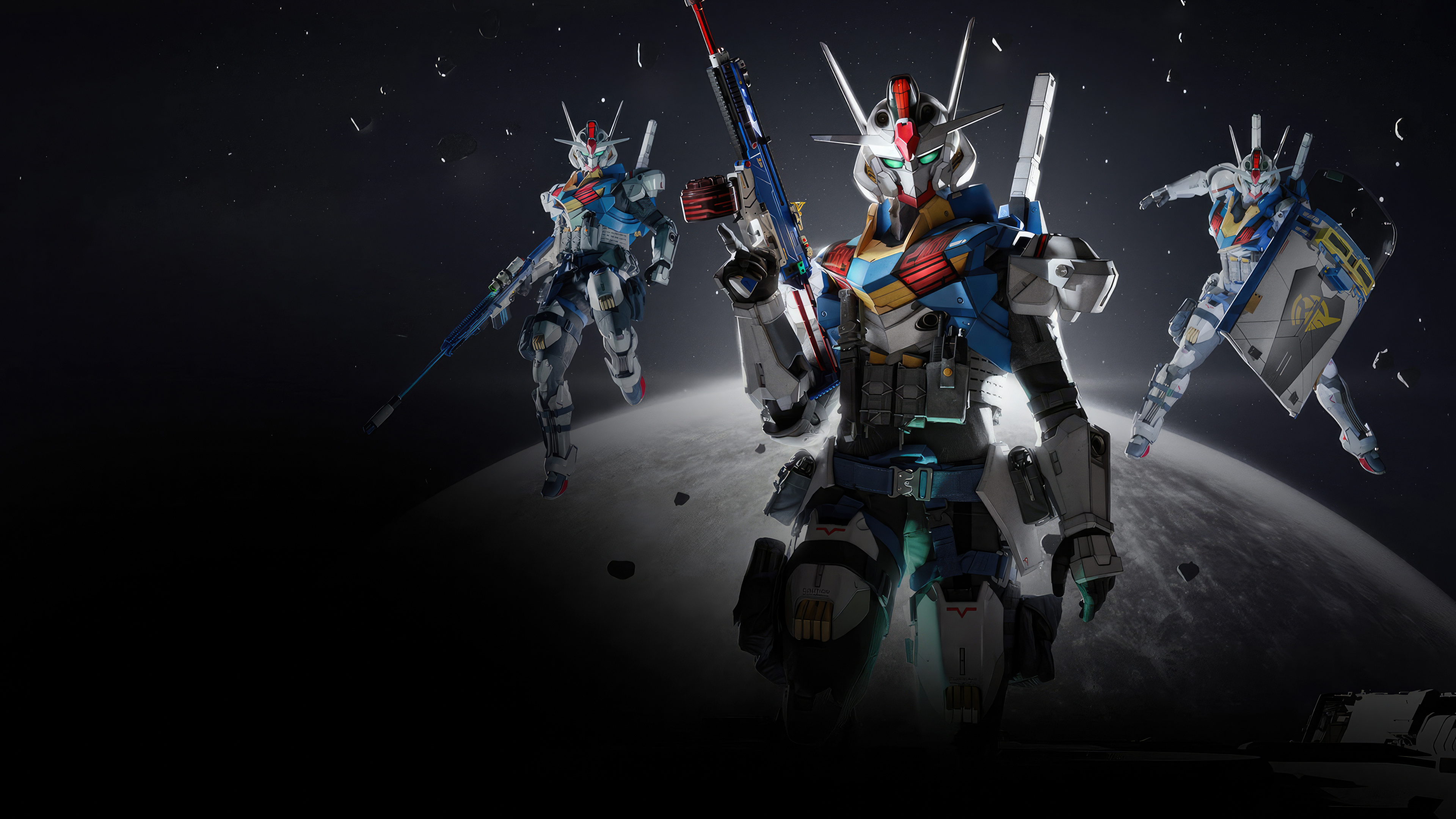 A heavily armored Gundam Mobile Suit featuring Call of Duty Modern Warfare 3 tactical gear and camouflage in a battlefield environment.