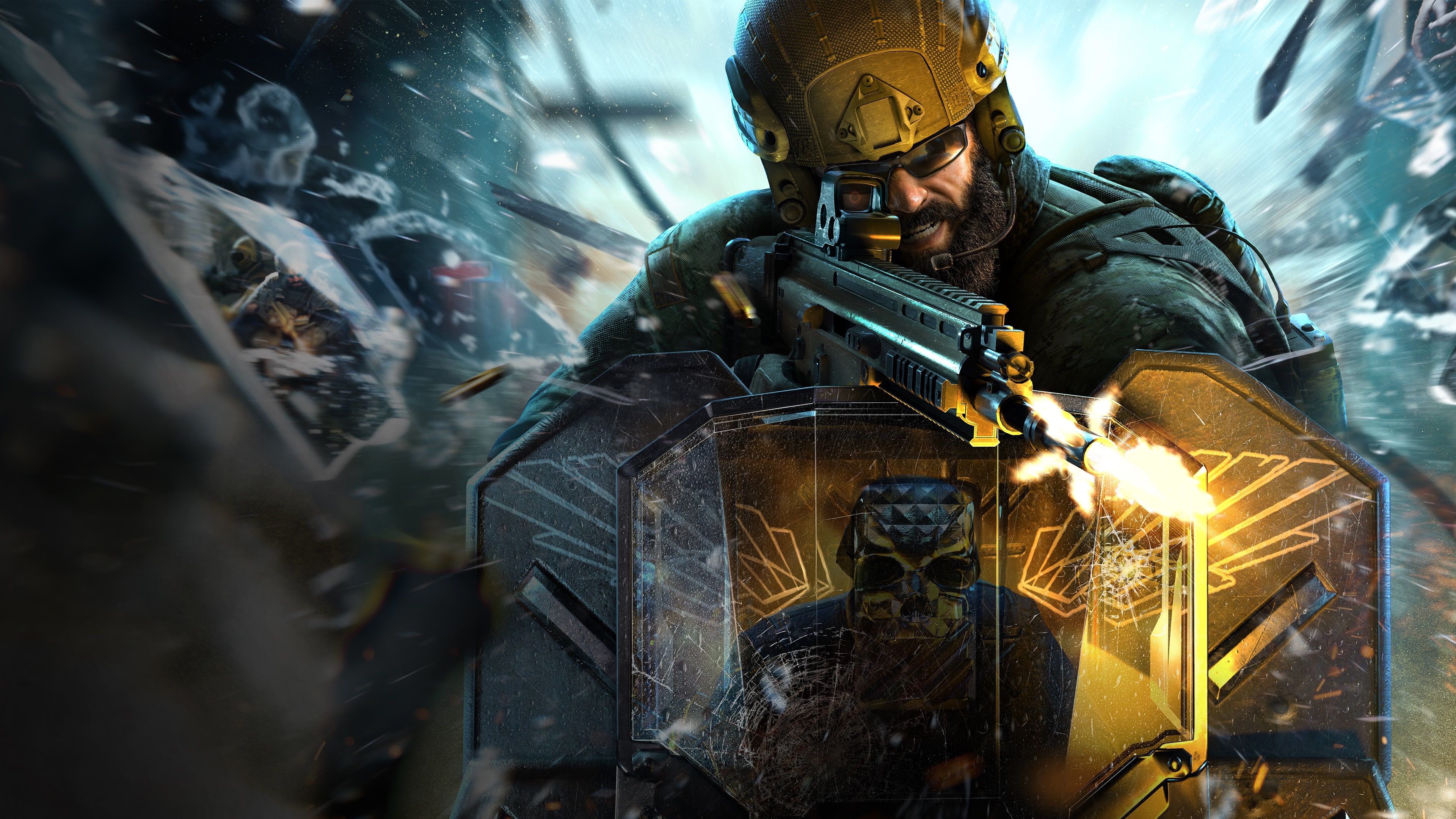 A cinematic view of a tactical operator from Rainbow Six Siege equipped with modern combat gear and weaponry.