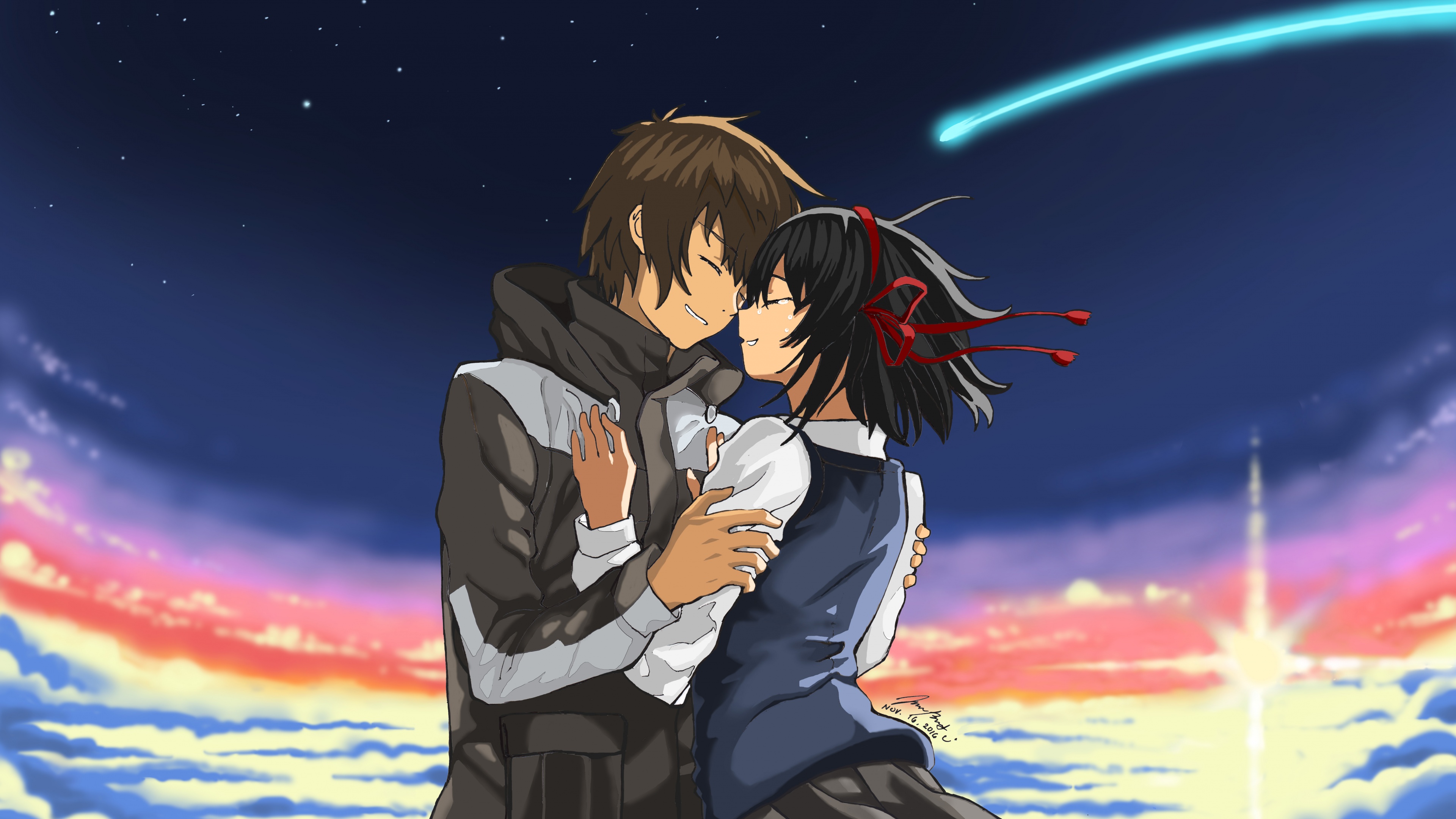 A romantic and cinematic anime scene featuring Taki Tachibana and Mitsuha Miyamizu from the movie Your Name.