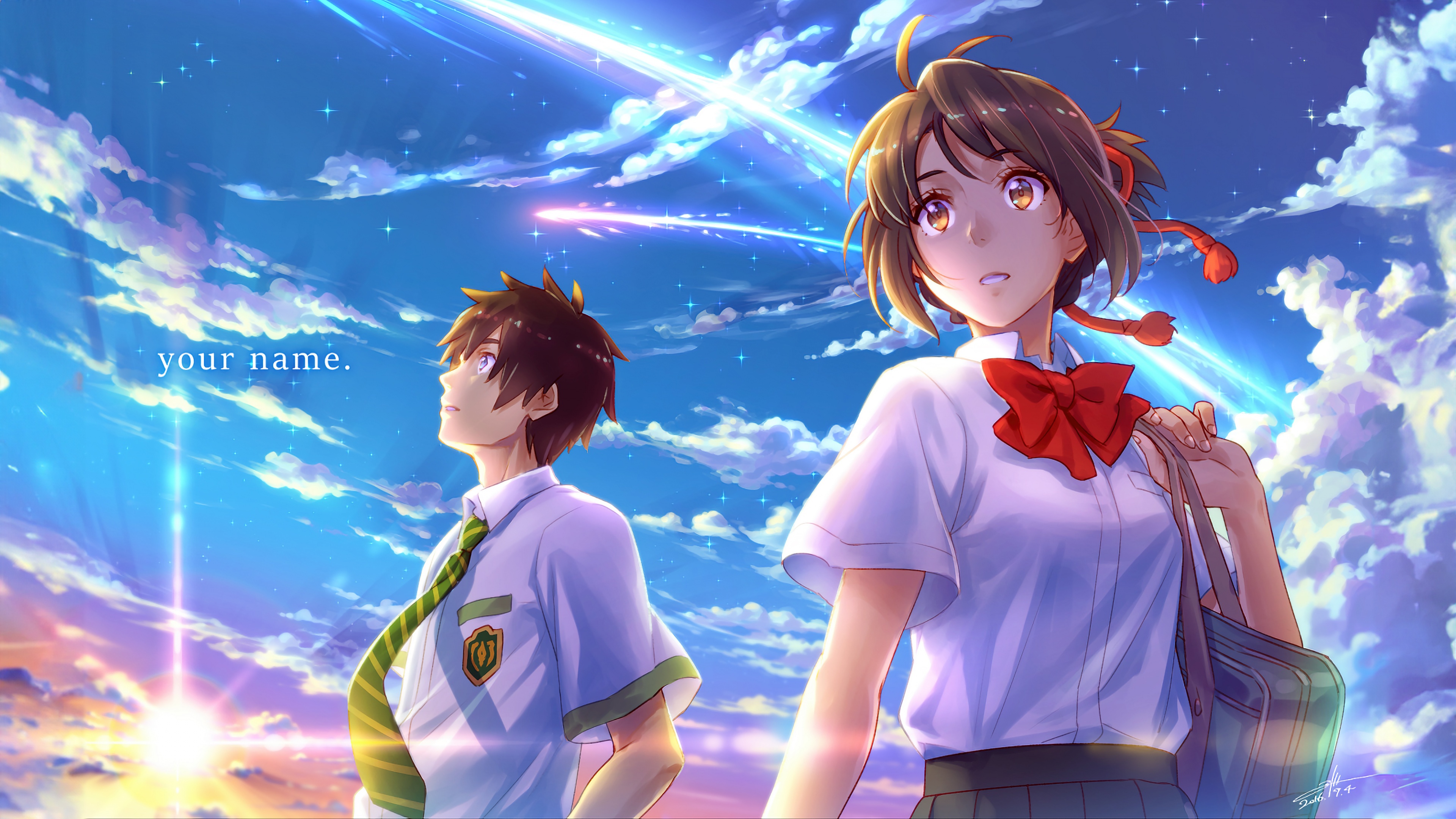 Taki Tachibana and Mitsuha Miyamizu from Your Name watching the celestial descent of Comet Tiamat amidst a sky of shooting stars.