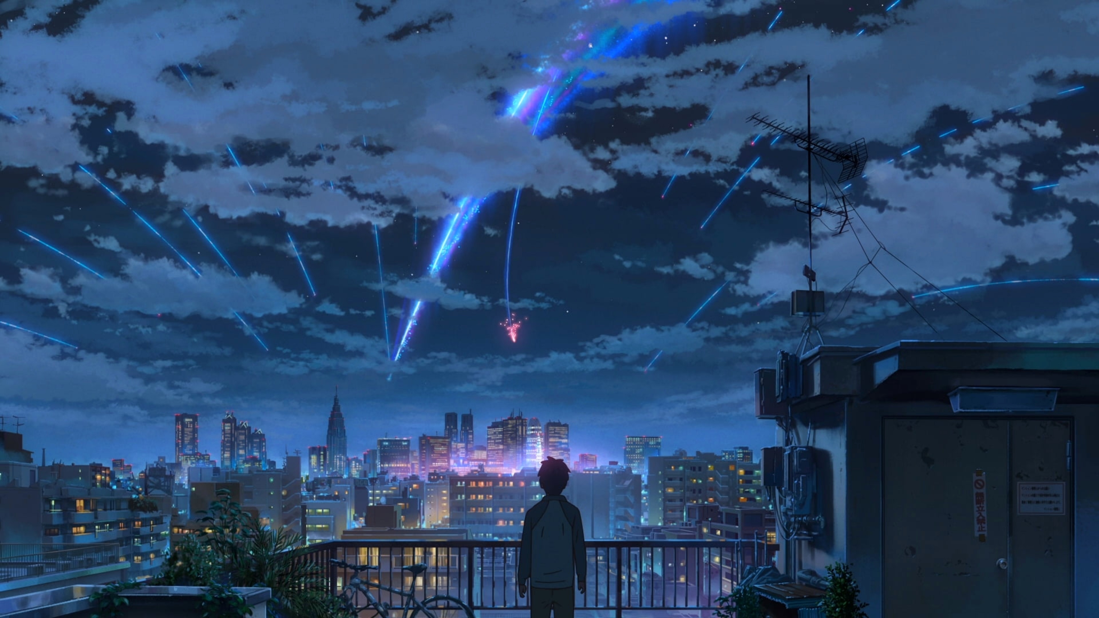 Taki Tachibana from Your Name looking up at the Comet Tiamat in a beautiful celestial night sky with shooting stars in a lofi aesthetic.