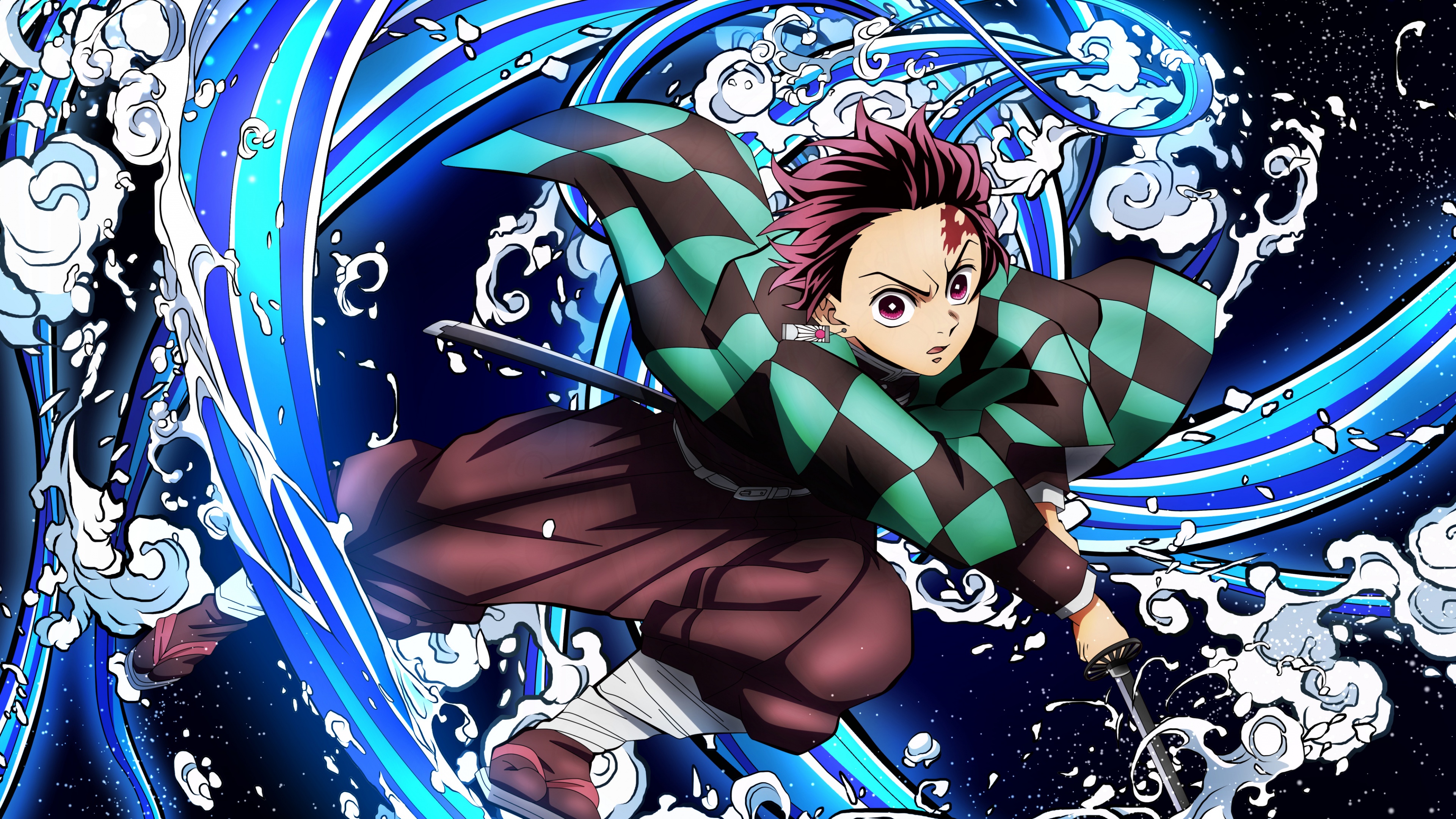 Tanjiro Kamado from Demon Slayer: Kimetsu no Yaiba performing the Water Breathing technique with blue water splashes.