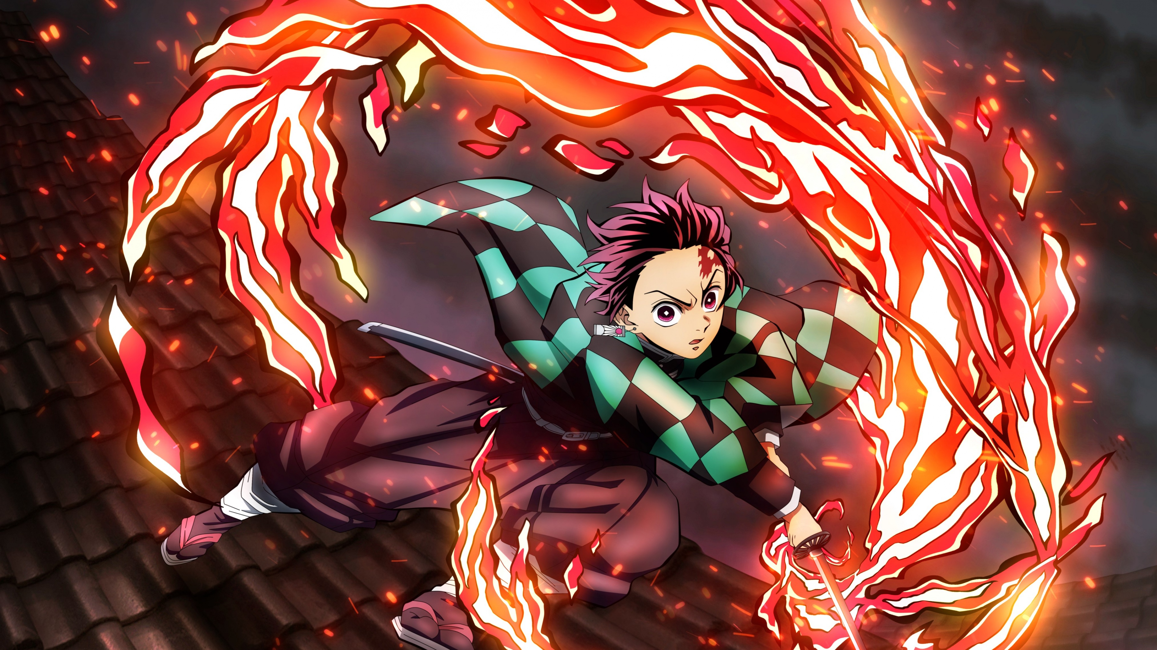 Tanjiro Kamado using the Hinokami Kagura fire technique from Demon Slayer: Kimetsu no Yaiba