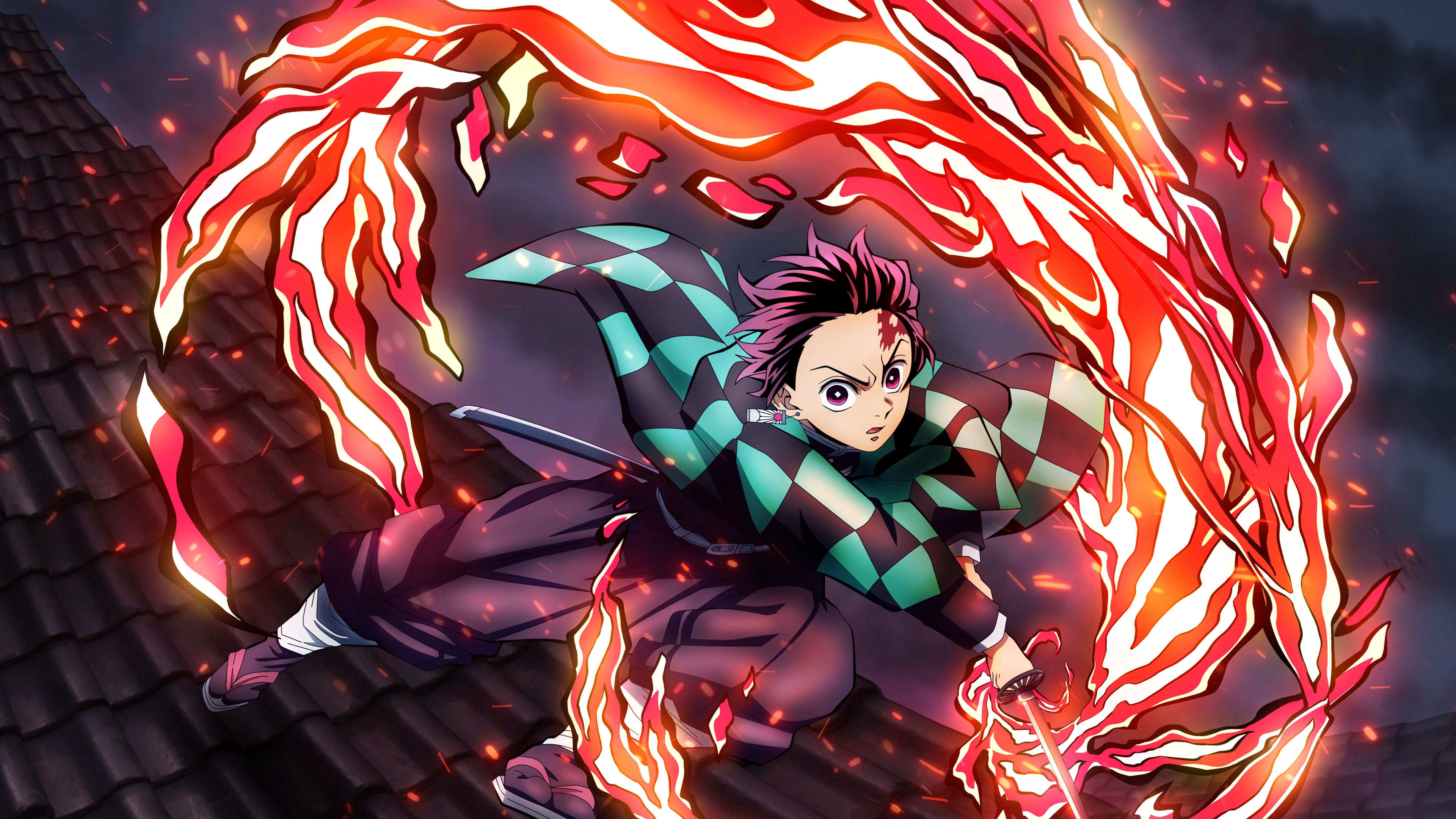 Tanjiro Kamado using the Hinokami Kagura fire breathing technique from Demon Slayer: Kimetsu no Yaiba